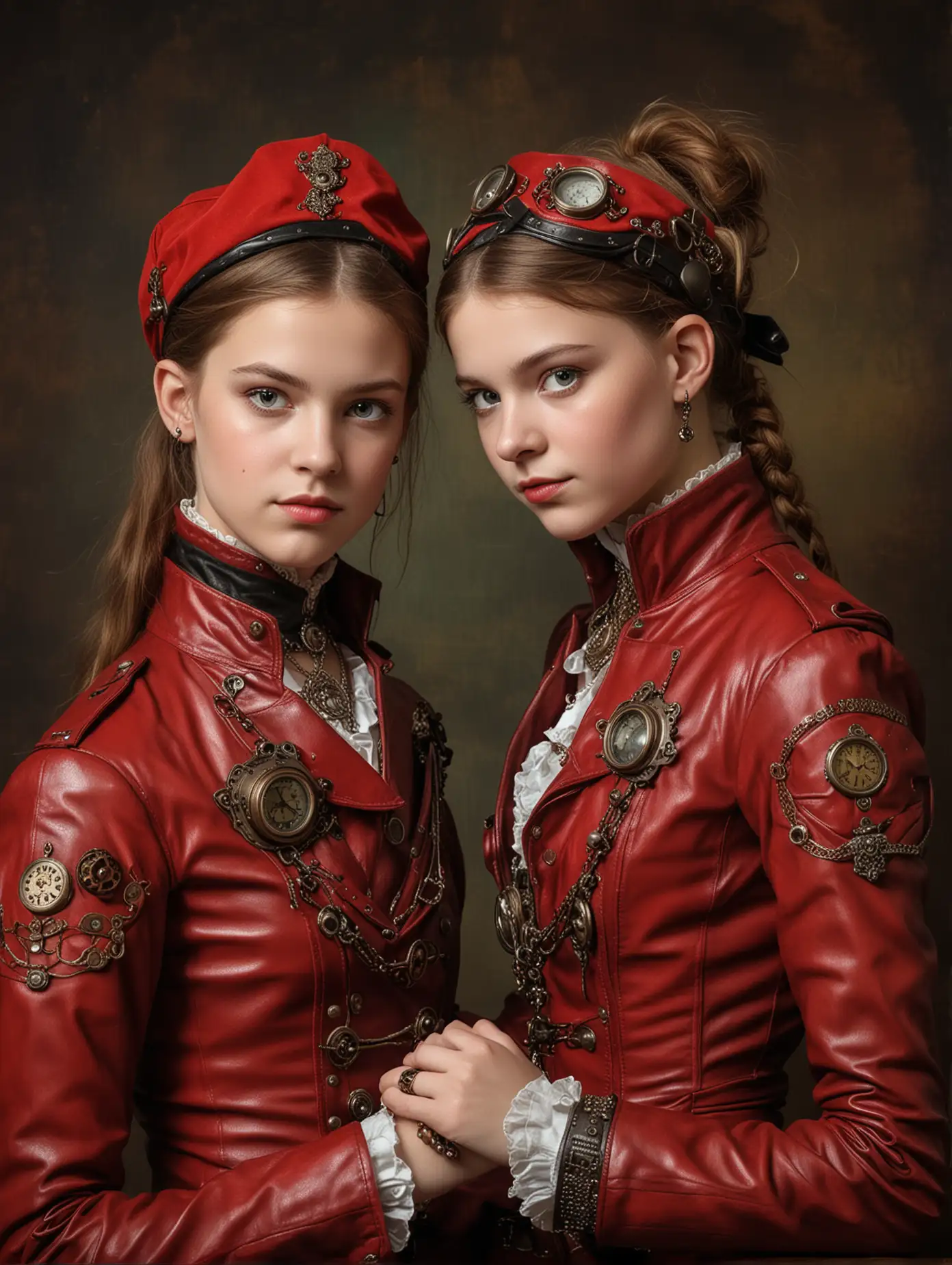 the portrait of young steampunk twin sisters in leather red suits, with steampunk jewelry, old dutch painting masters style