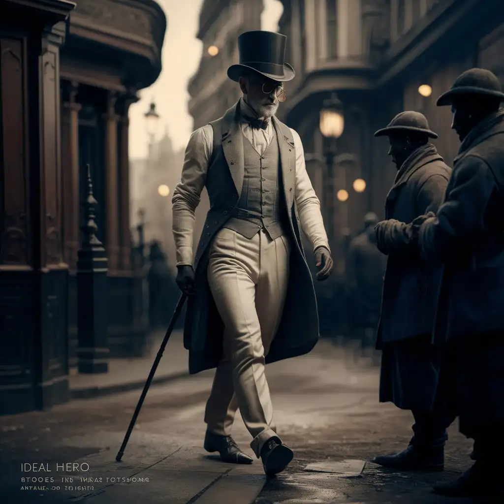 Imagine a beautiful photo of a man of the ideal hero of the Victorian era, who gracefully walks through the lantern-lit streets of London. The man is dressed in a sleek rock with a cotton vest, his trousers neatly ironed, and he wears a cylinder on his head. On his face you can clearly see the monocle, which gives him seriousness and mystery, and in his hand he holds a cane, which emphasizes his sophisticated character. The scenery of the painting is a busy Victorian-era London street, full of architectural details such as the ornate facades of buildings and the cobblestones under its feet. The man, known for his empathy and intelligence, is introduced the moment he stops to talk to a beggar. His attitude is confident and determined, and his face expresses focus and intelligence, which underscores his role as an aristocrat interested in justice and social equality.
This photo would aim to show the man not only as a gentleman, but also as a hero who stands up for those who need support, harmoniously combining strength and sensitivity. Thanks to this, the man becomes a character who inspires and gains admiration not only in his own era, but also in ours.