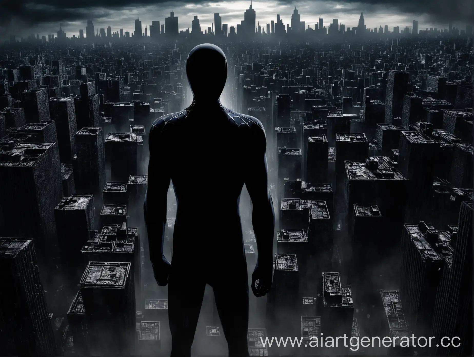 Человек паук без лица в черном костюме на фоне мрачного, тёмного города 
