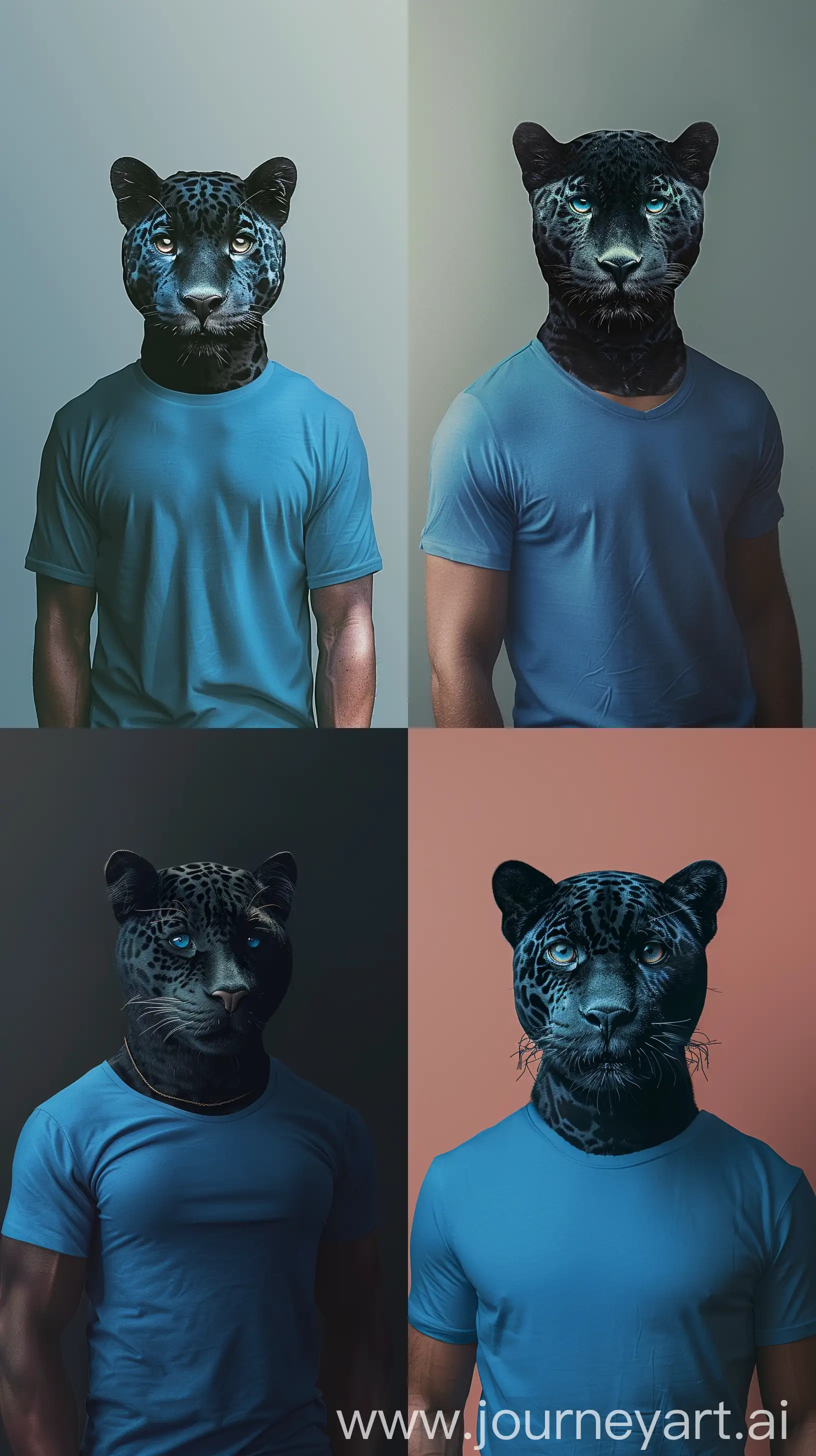 3d Nickelodeon style black jaguar as a human man wearing a blue t-shirt, chris labrooy hyper-real , super flat , phone wallpaper, --ar 9:16

