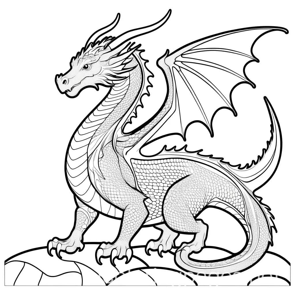 dragon theme colouring page, Coloring Page, black and white, line art, white background, Simplicity, Ample White Space. The background of the coloring page is plain white to make it easy for young children to color within the lines. The outlines of all the subjects are easy to distinguish, making it simple for kids to color without too much difficulty