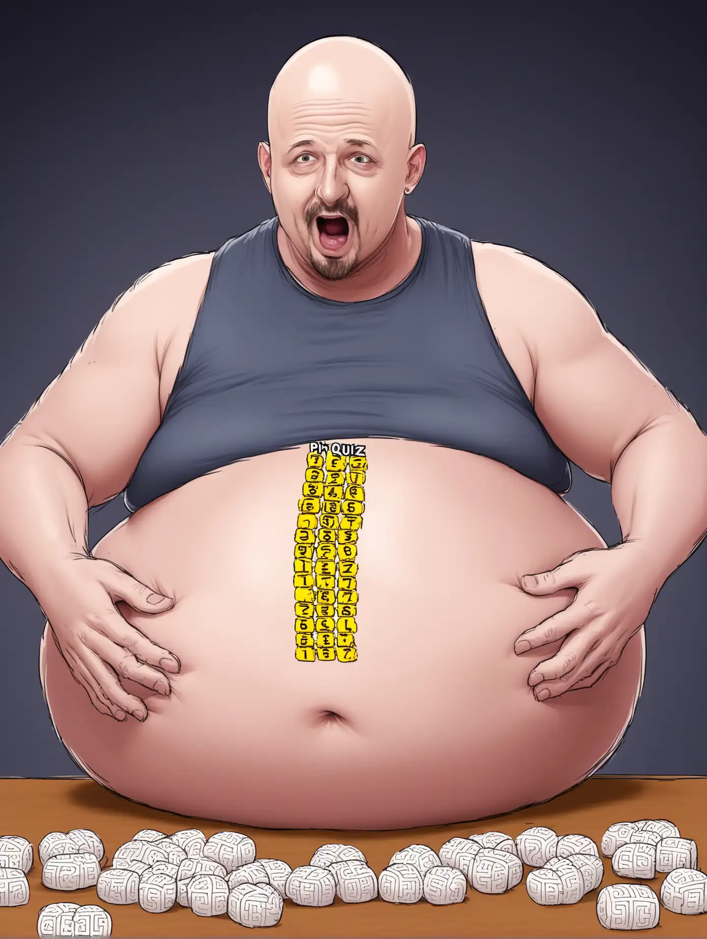 Bald-Man-Playing-PikPuk-Quiz-with-Enormous-Belly-Fun