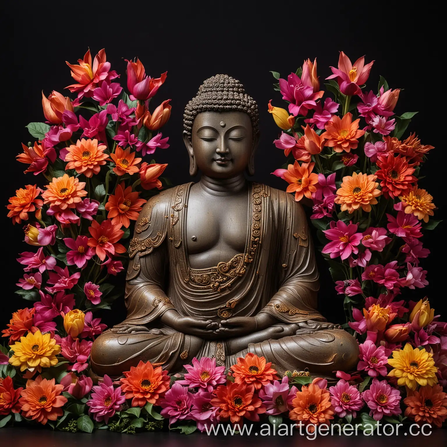 статуя будду окруженная большими разноцветными цветами на черном фоне, свет ночной