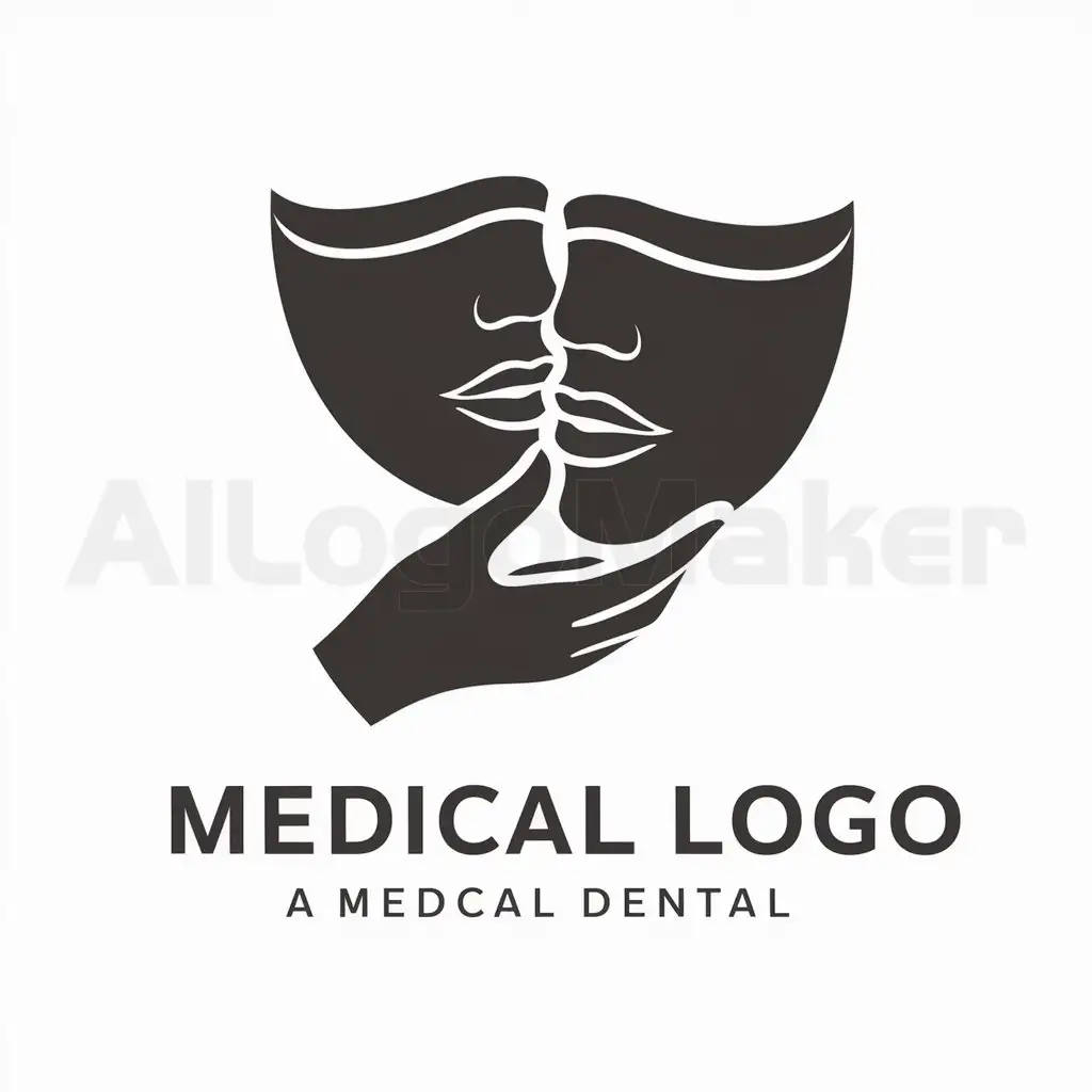 a logo design,with the text "Masks from clay", main symbol:Mask of clay kisses another mask of clay and one hand nearby at the chin,Minimalistic,be used in Medical Dental industry,clear background