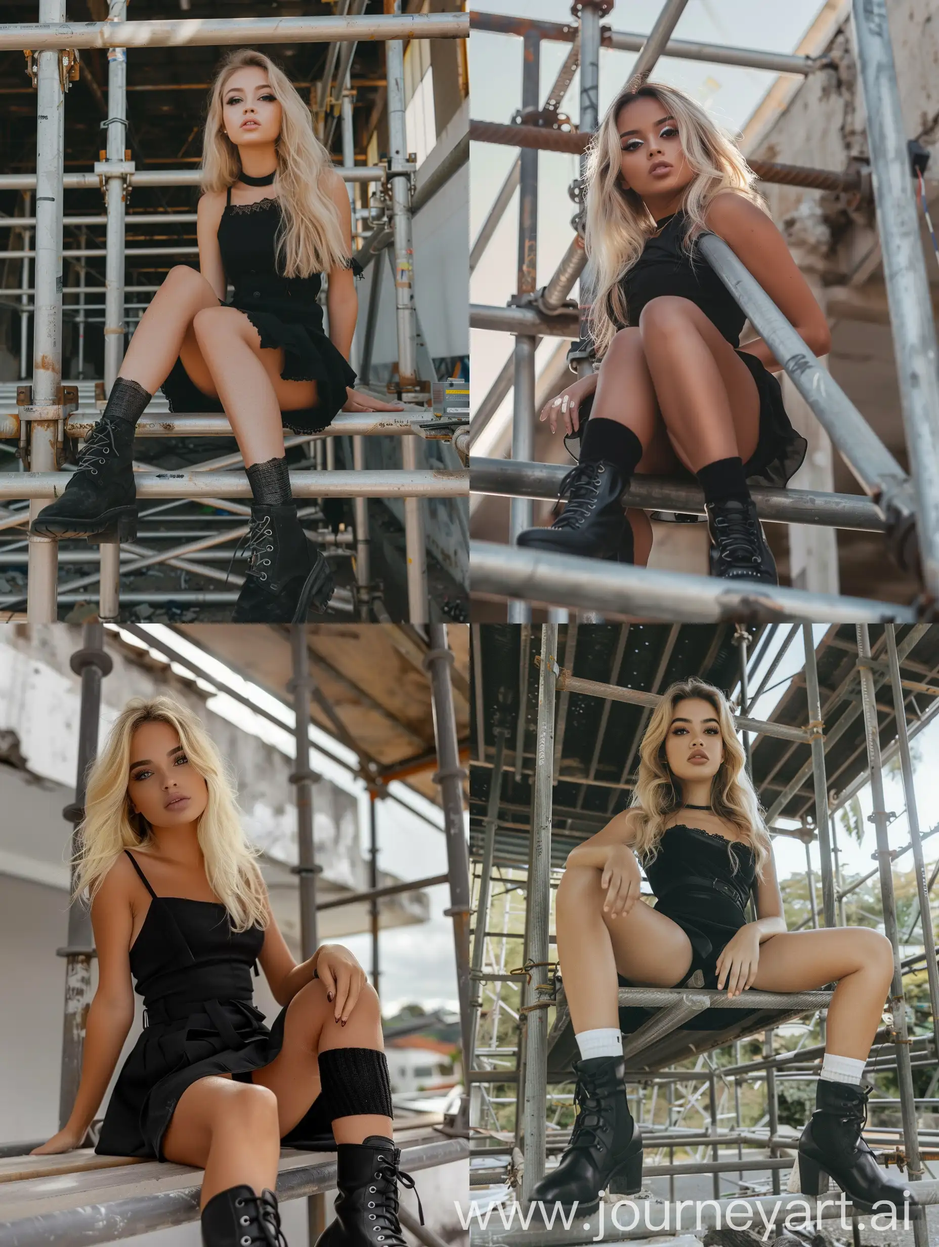 a blonde young brazilian woman, influencer, beauty, black dress, makeup,, , little fat, black boots, ,sitting, half chubby, thick legs, socks and boots, 4k, , is working on a steel scaffold under construction
