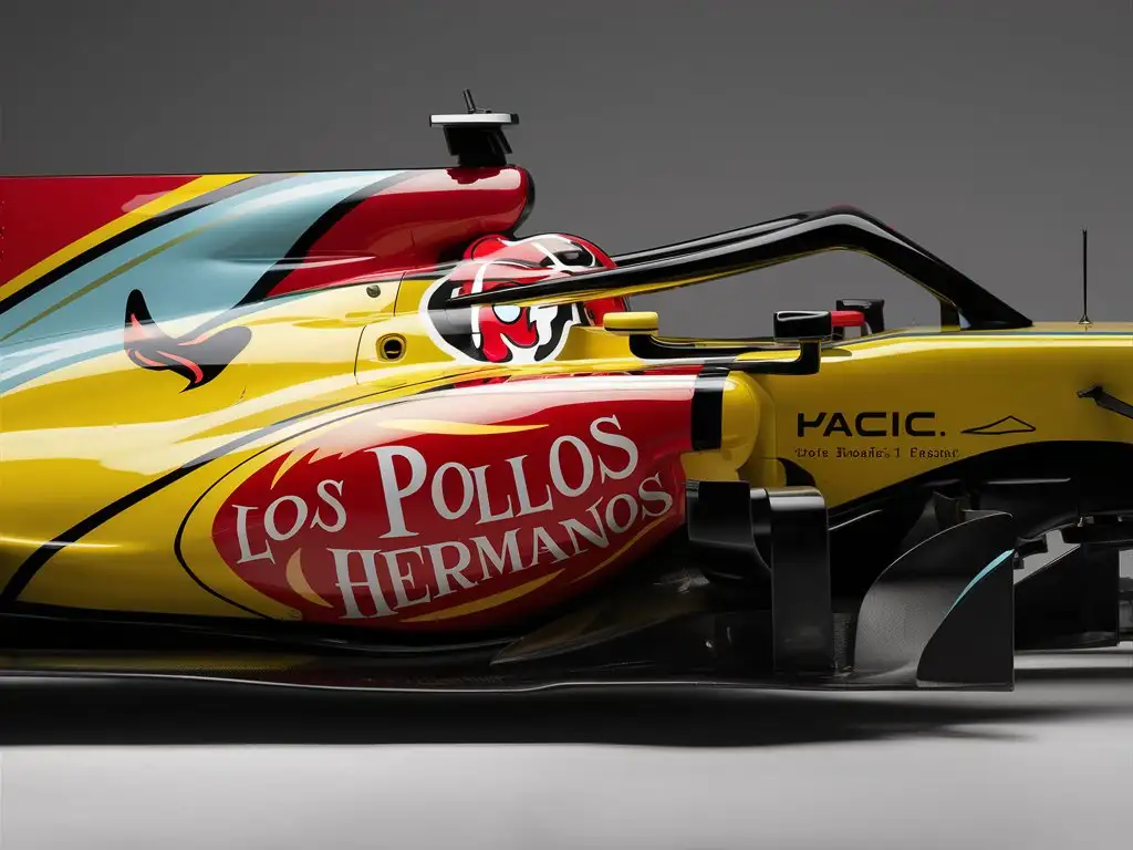 Los pollos hermanos f1 car, yellow with red and light blue and white sponsors only , sponsored by a chicken restaurant. With big rooster painted on it