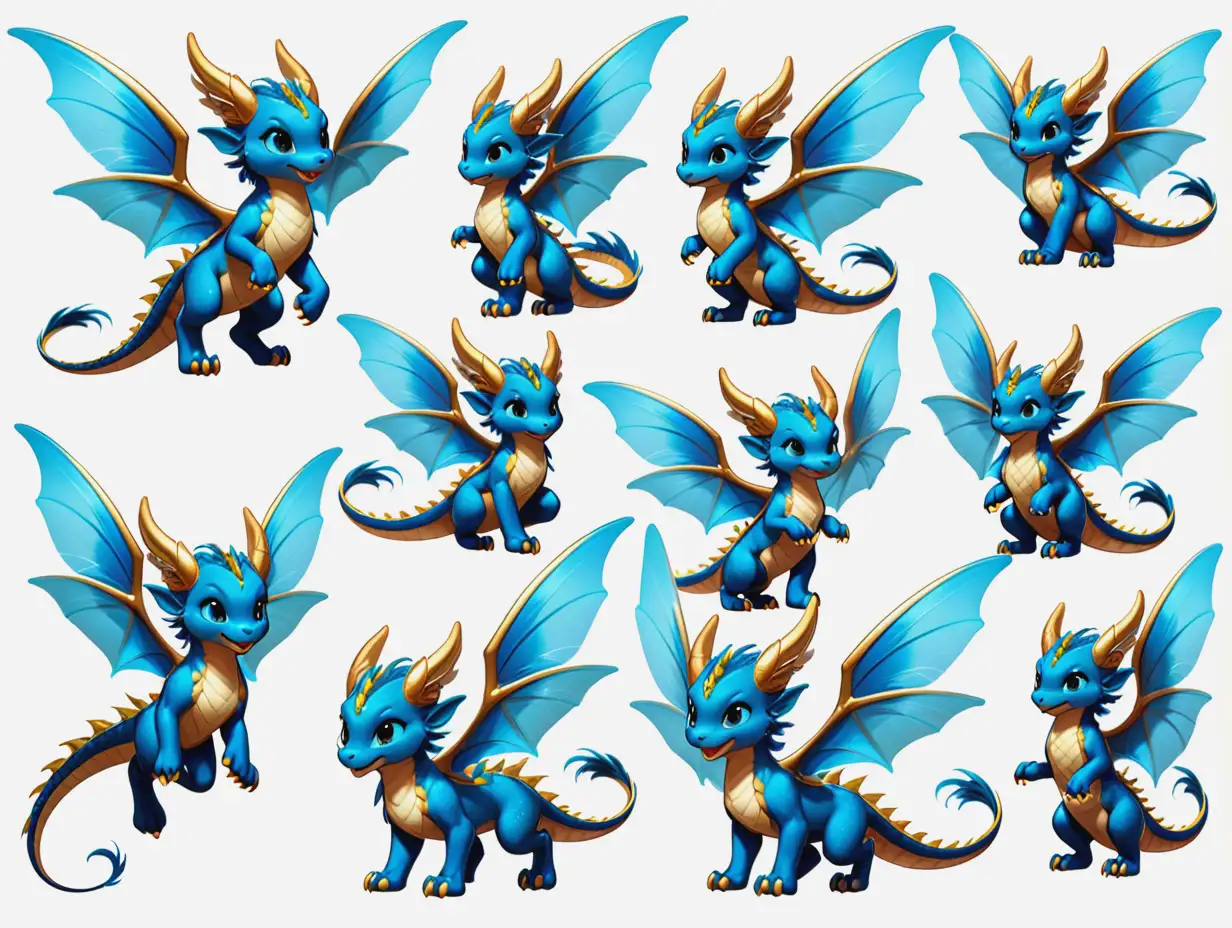 a sprite sheet featuring different poses of an adorable fey dragon flying with golden brown eyes, fairy-like wings tinted blue. The character should have a playful demeanor. Each pose should convey a different action or emotion, such as flying, laughing, sleeping, thinking, and smiling.  The background should be transparent to focus on the character’s design.