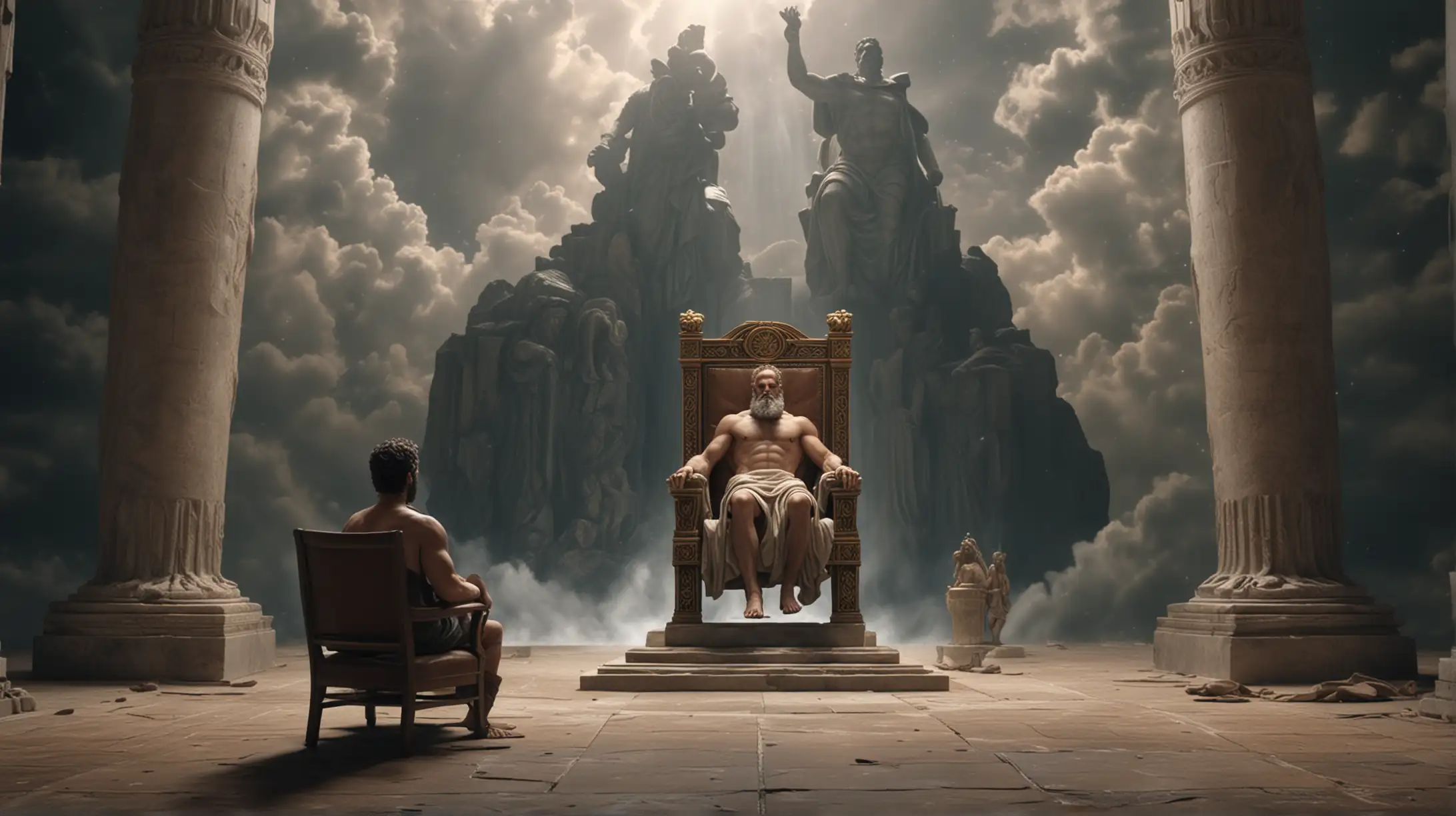 hyper realistic wide shot of a small man in the distance approaching a Zeus looking god sitting in a big chair
