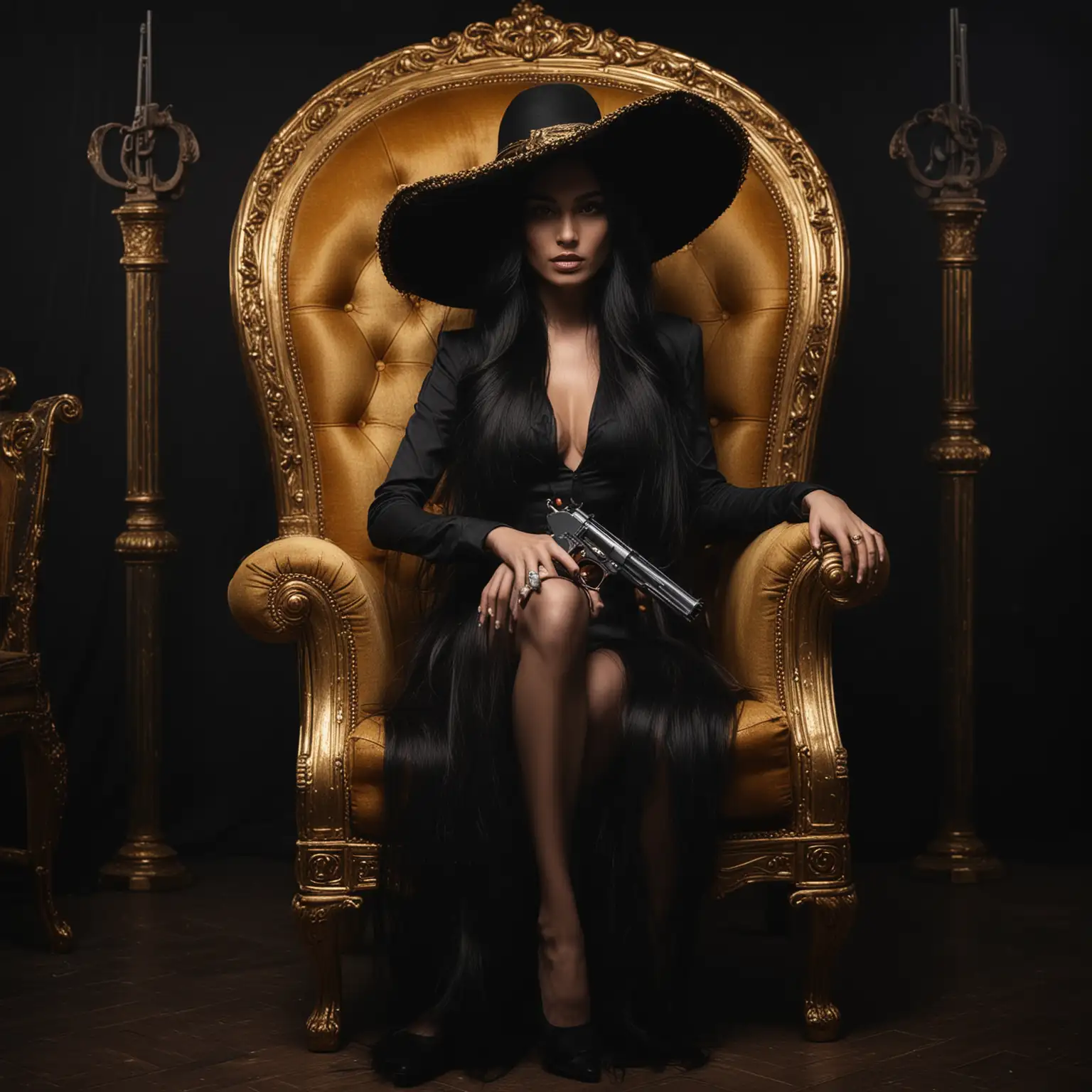 rich woman black long hair with big hat sitting in big golden chair in darkness holding gun in hands