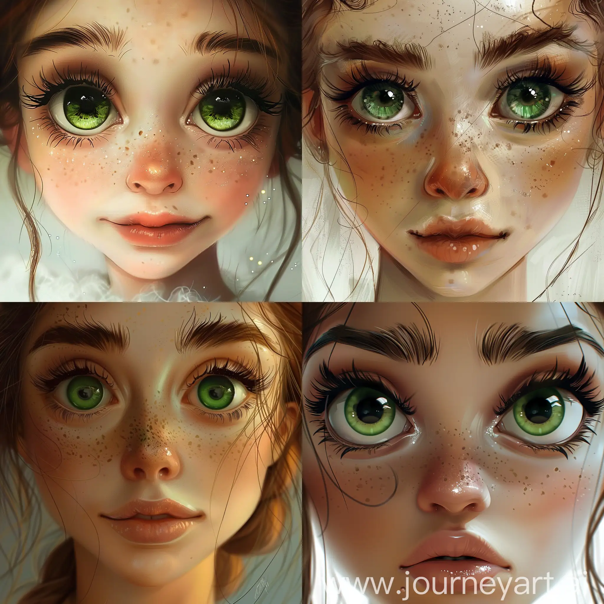 Девушка с большими зелеными глазами , с большим носом , маленьким подбородком и красивыми бровями с длинными ресницами