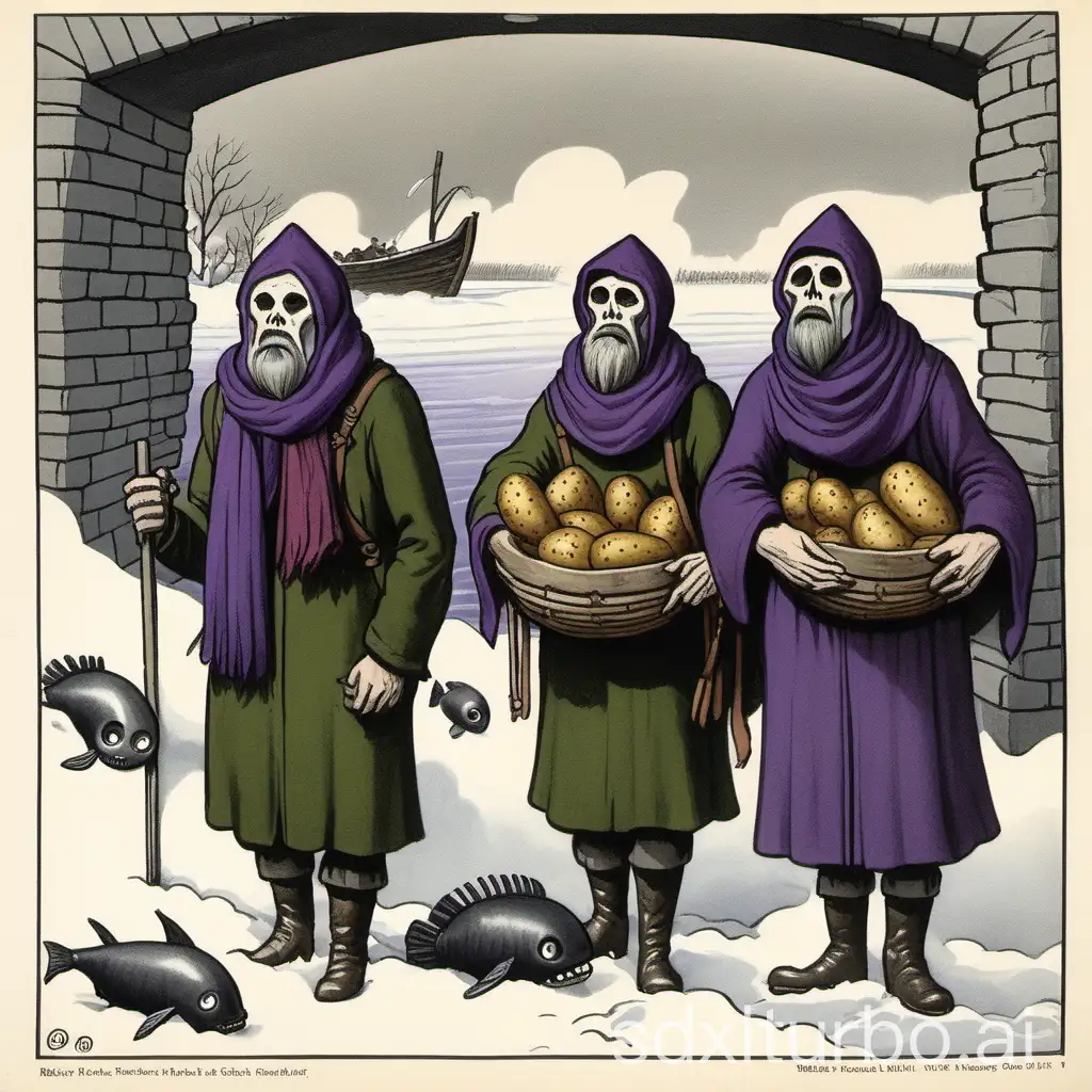 1930s cartoon drawing of three medieval rude faces russian farmers, side view, plant potatoes under an overpass, lined up , black  pants, felt boots, Russian padded jacket, headscarfs, heavy snow, small white skulls flying out from underneath; two purple sea creatures swimming below; grey clouds, overcast