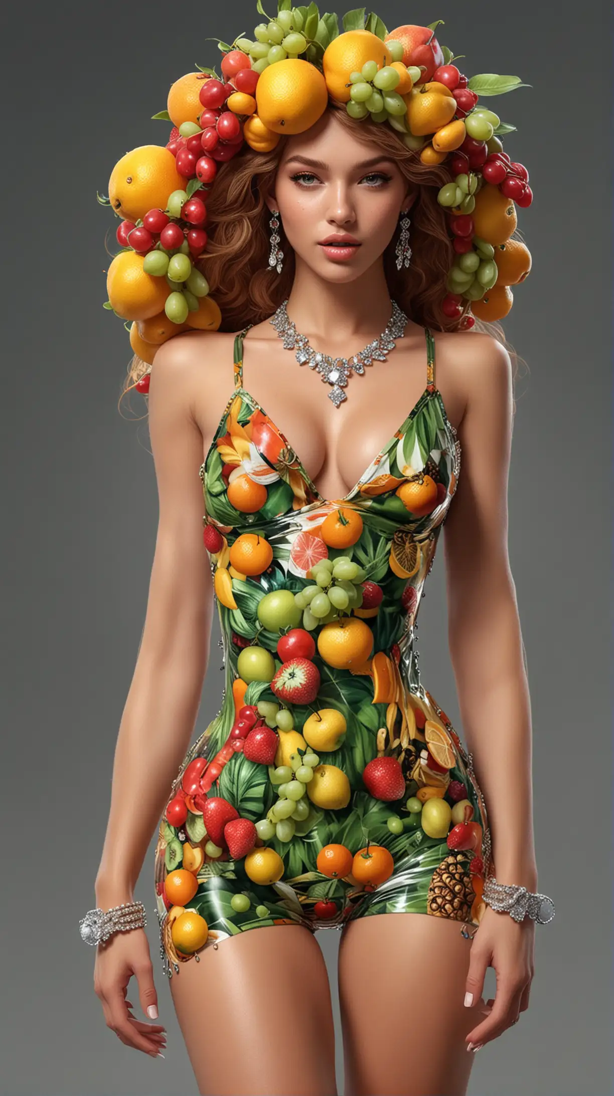 2024 Era Fashion Model Posing with Realistic Fruit Art Material and Diamond Accessories