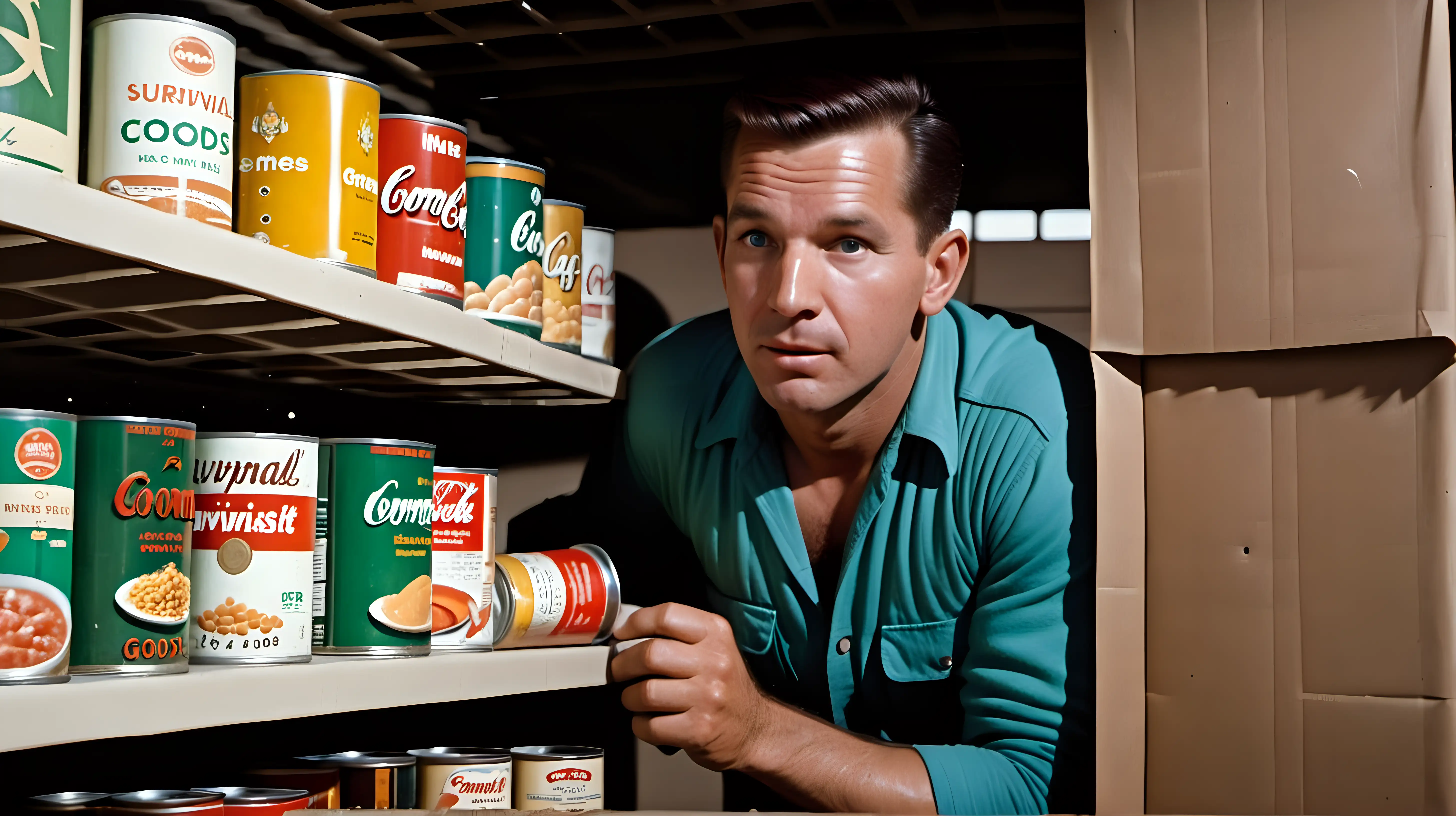 1960s Survivalist Man in Bunker with Canned Goods