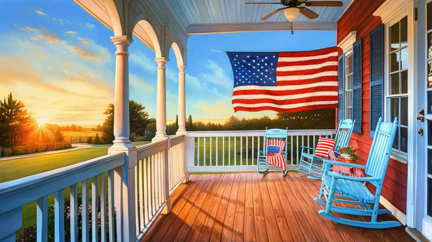 blue sky , fourth of July,  before sunset,   vibrant sky color , view to the garden front porch , warm tones, us flag
