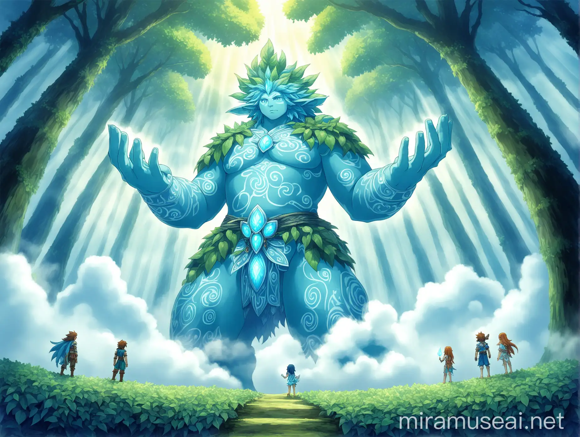 a magic fantasy giant three of mana, it has light azure shining leaves, there are smaller three around it, there is a lot of fog, in anime