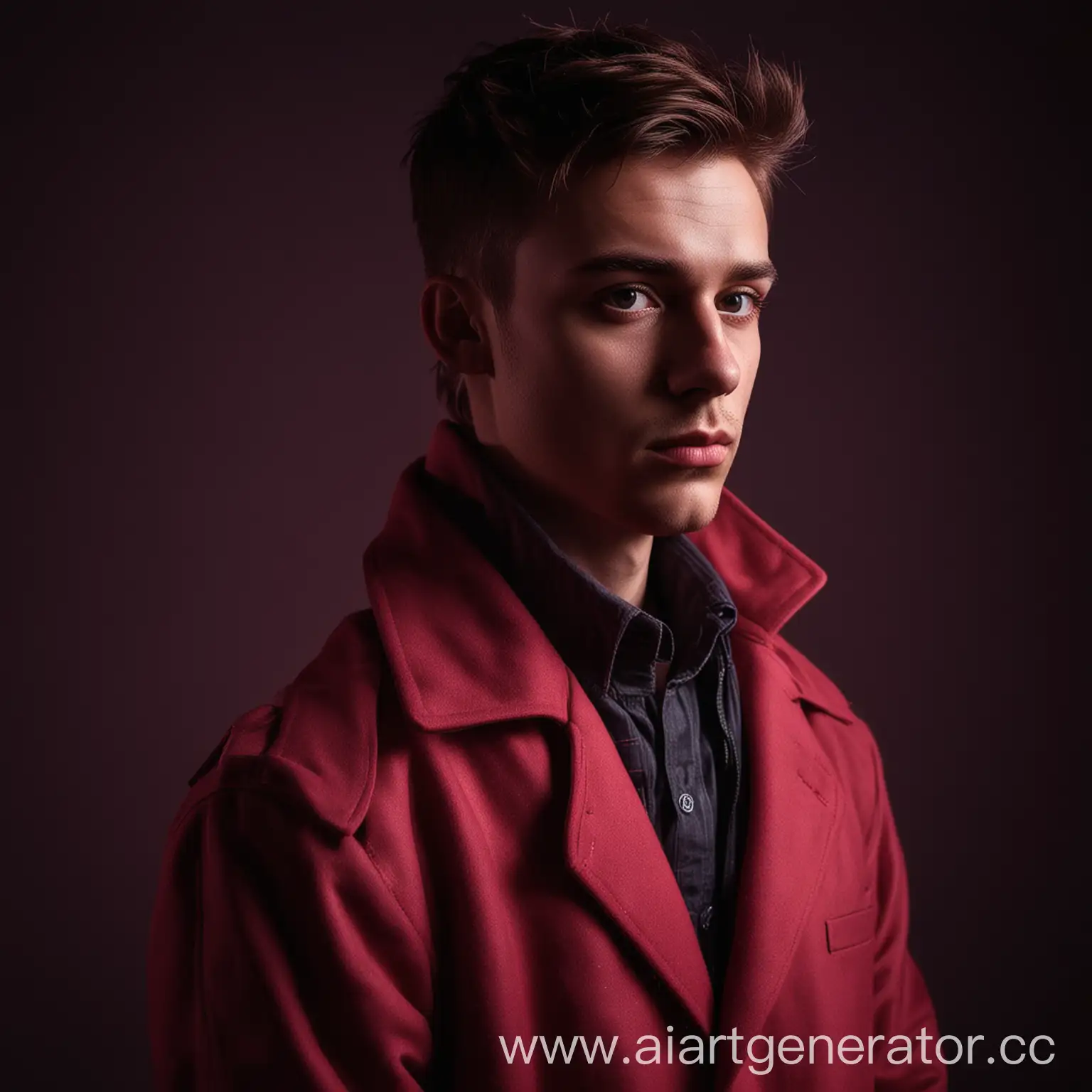 Portrait-of-a-Young-Man-in-Modern-Attire-under-Bordeaux-Neon-Lighting