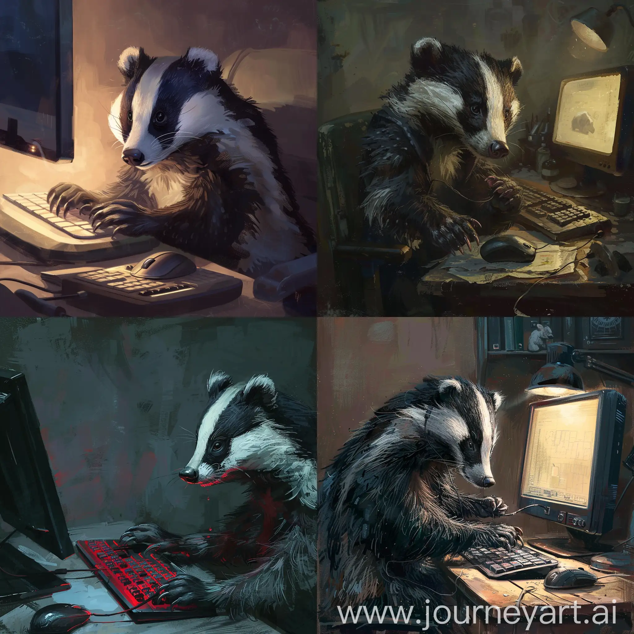 a badger sitting in front of a computer and a mouse in his hand