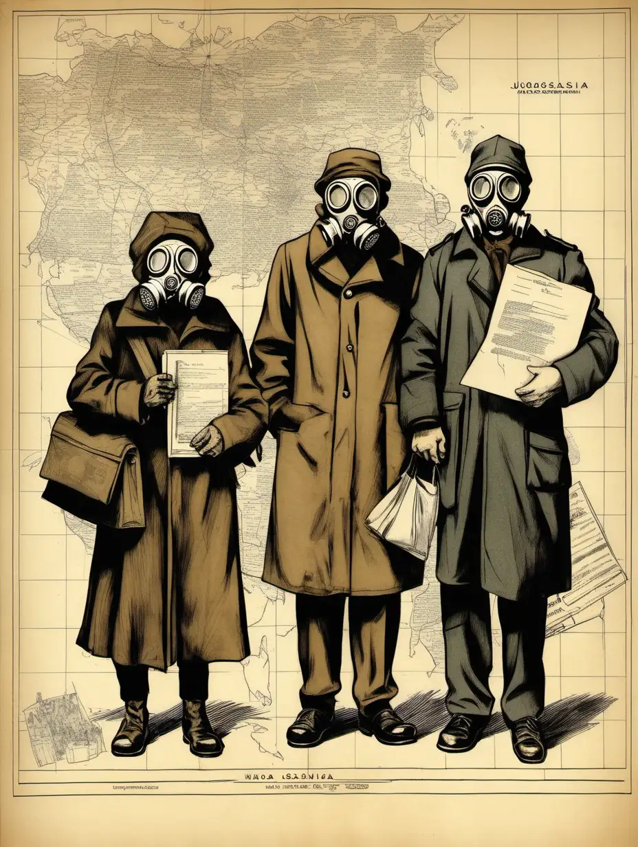 Yugoslavia map, Poor immigrant family wearing gas mask with overcoat holding documents and luggage sketch.