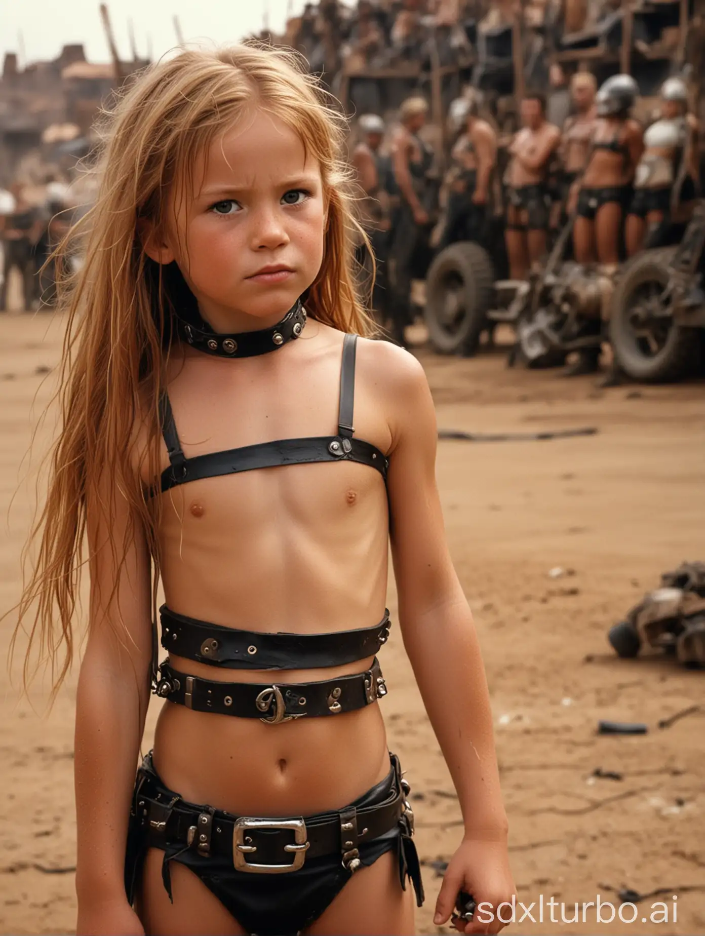 7 year old girl, leather bikini, choker, long ginger hair, extremely muscular abs, in Mad Max Beyond Thunderdome, tanned skin