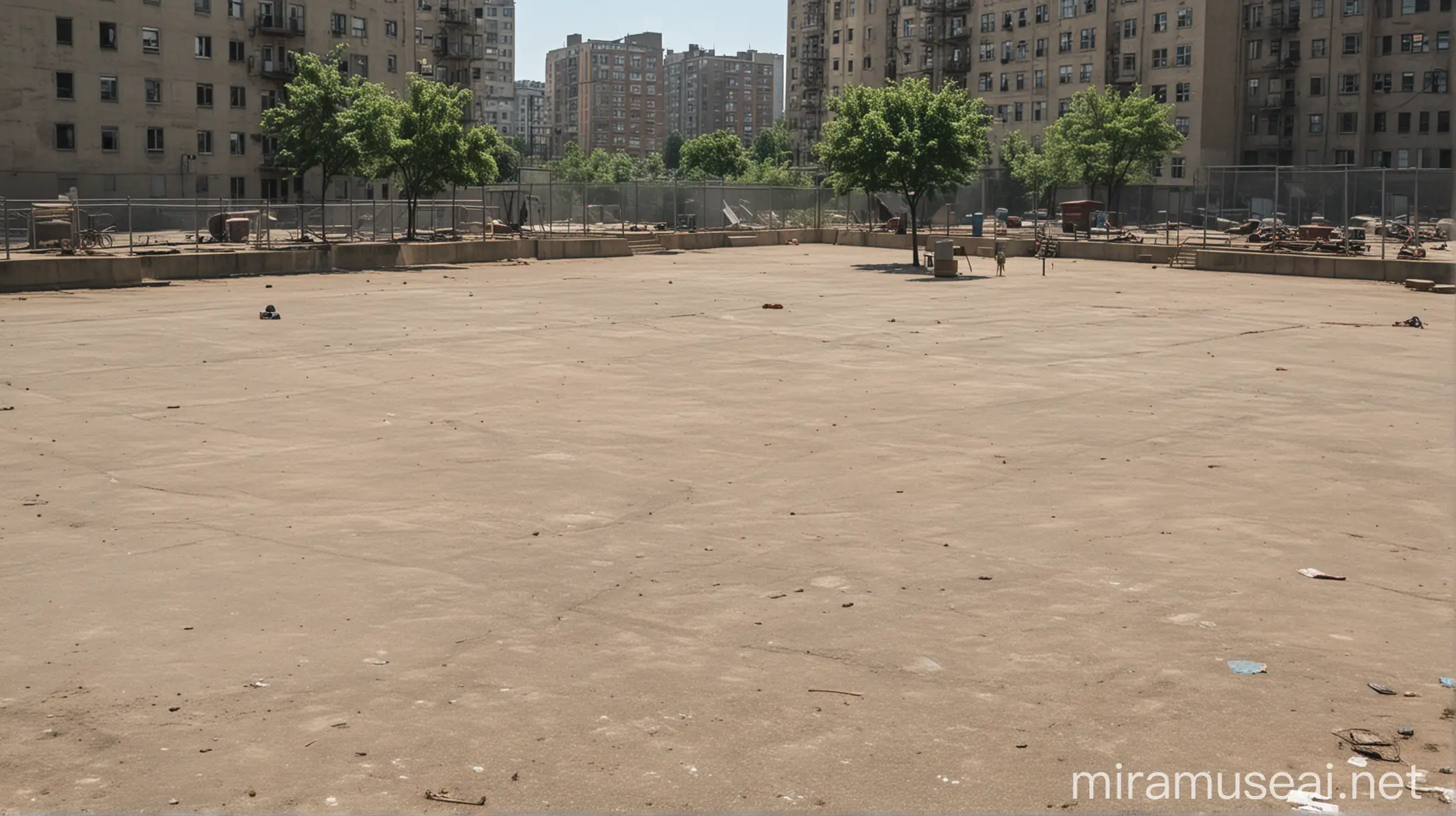 a hot day on a concrete park near tenement buildings