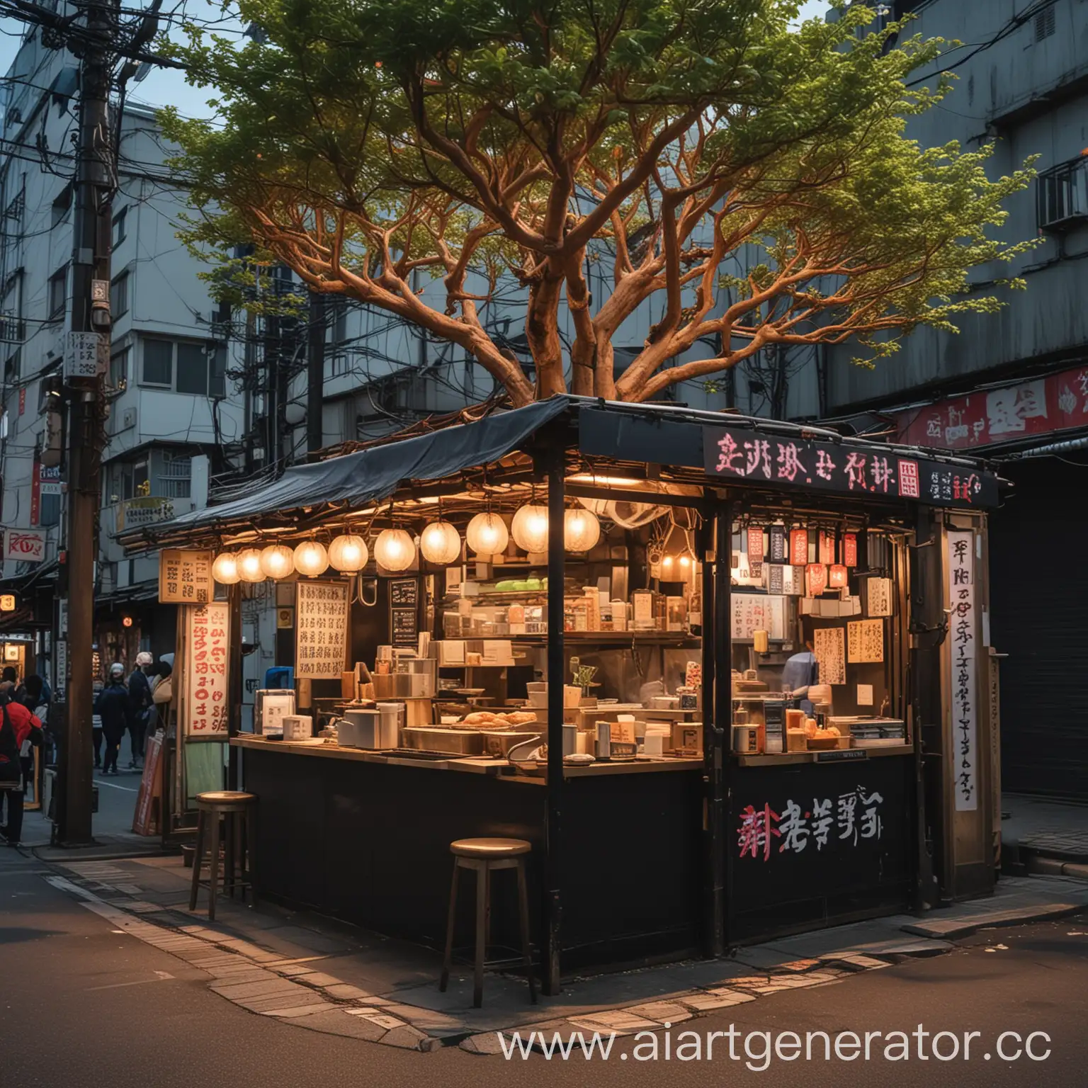 Японская уличная лавка с едой, похожий на лавку с удоном, киберпанкоские огни и дерево