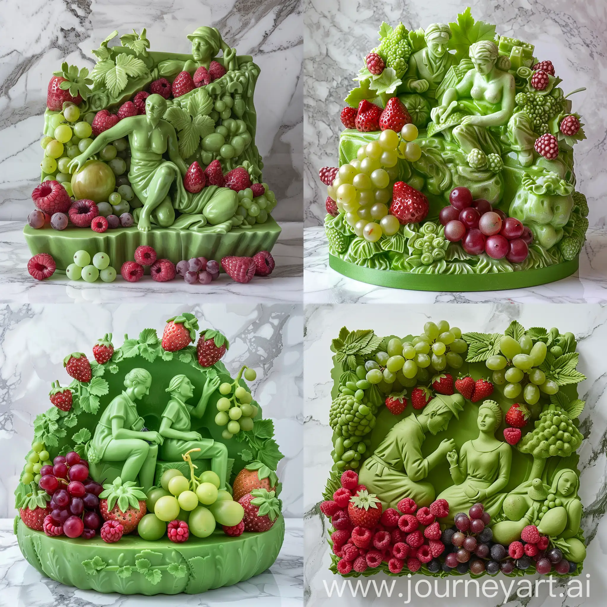 скульптура "Рабочий и Колхозница" в виде зеленого торта с клубникой, малиной и виноградом и другими ягодами. на фоне мрамор