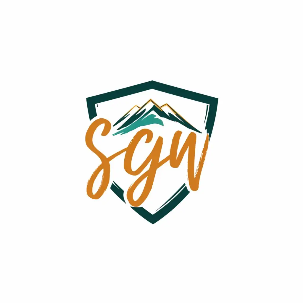 a logo design,with the text "sgw", main symbol:colorful shield with mountain, cursive, white background,Minimalistic,be used in Travel industry,clear background