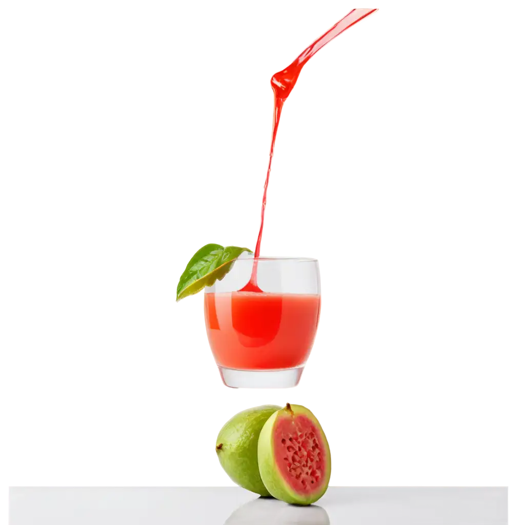 A simple, bold, and clear clipart photo of a glass being filled with guava juice. The juice is being poured in mid-air, creating a splash as it
hits the glass. Beside the glass, there are two whole guava, one of which is cut in half to show the juicy interior. The background is pure white for easy background removal, photo, vibrant