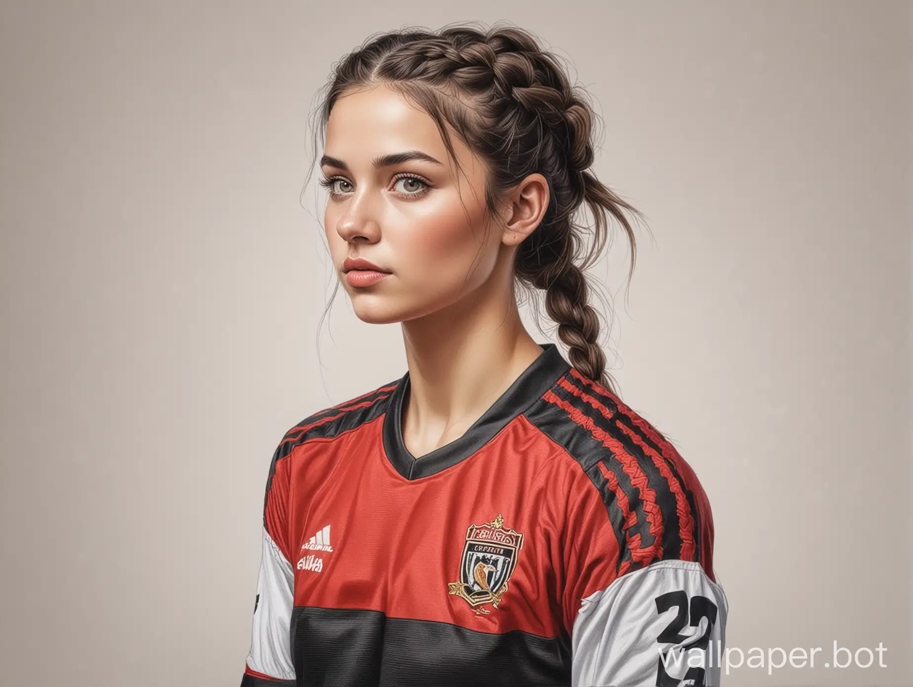 Anna Komarova sketch 20 years, dark hair braided hairstyle, cup size 4, narrow waist, in red-black soccer uniform on white background, very realistic drawing with colored pencils Sport style poster