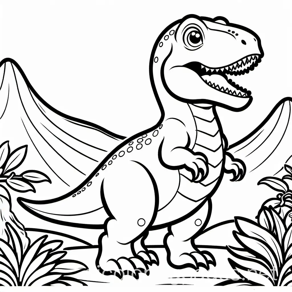 Baby t rex, Coloring Page, black and white, line art, white background, Simplicity, Ample White Space. The background of the coloring page is plain white to make it easy for young children to color within the lines. The outlines of all the subjects are easy to distinguish, making it simple for kids to color without too much difficulty