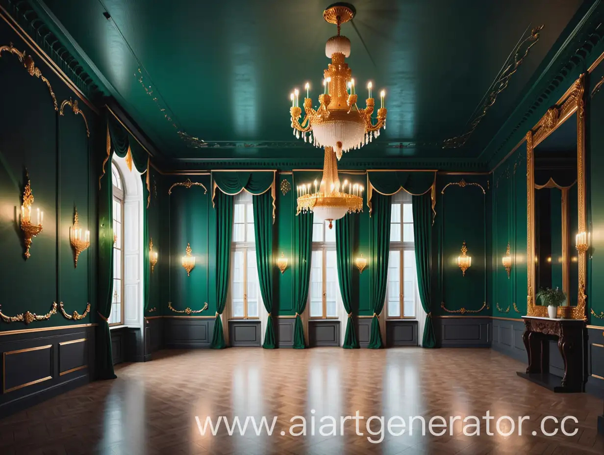 19th century Russia. Winter evening. An image of a ballroom. It's dark outside the windows. The hall is brightly lit. The color scheme is bright tones, dominated by emerald, golden and white colors. The style is Baroque.