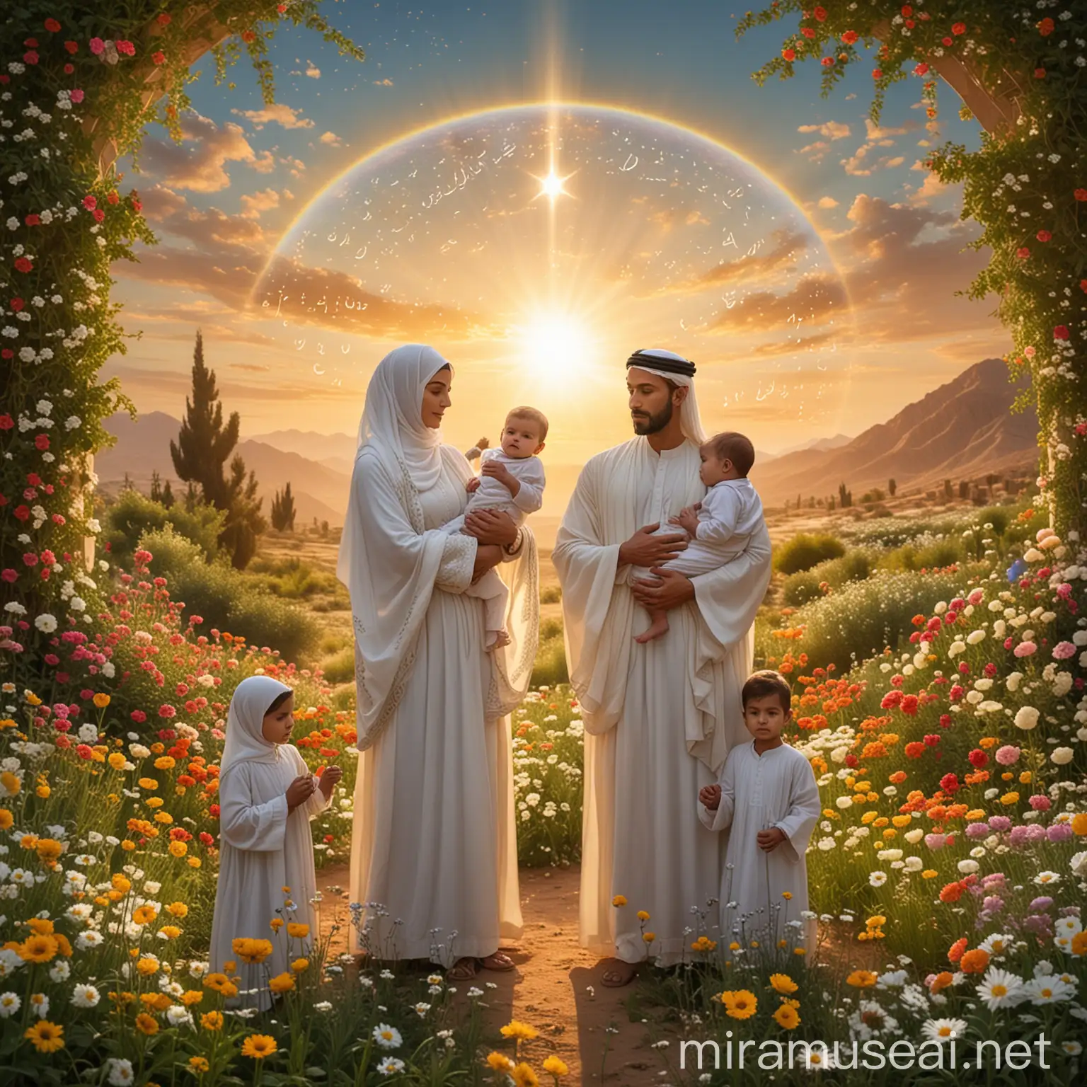 Monotheistic Family Admiring Divine Light in Lush Floral Landscape