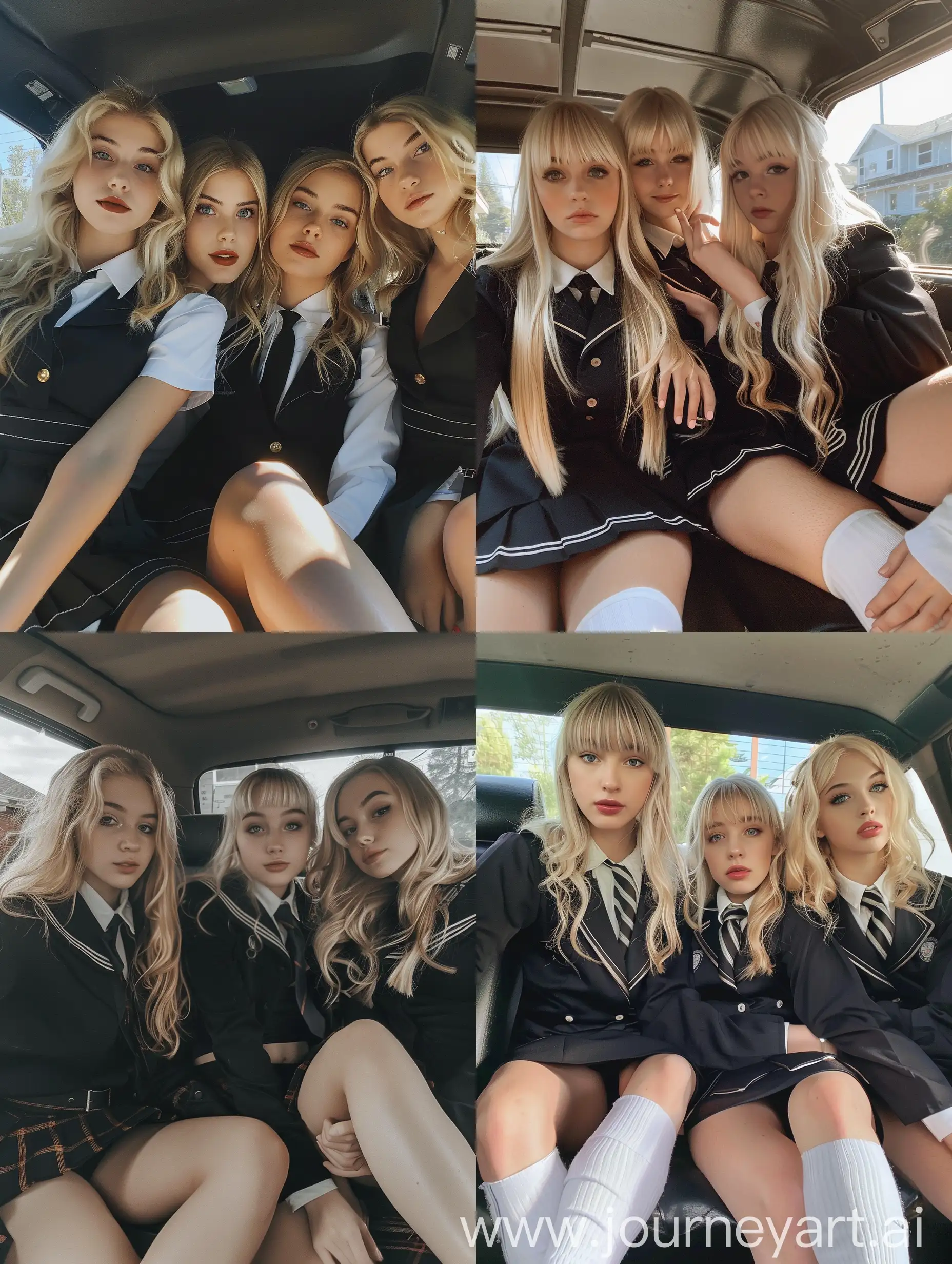 3 girls, 22 years old, blonde hair, , black school uniform,  , makeup,  inside car, , no effects, no filters, , , natural , iphone photo natural, fat legs