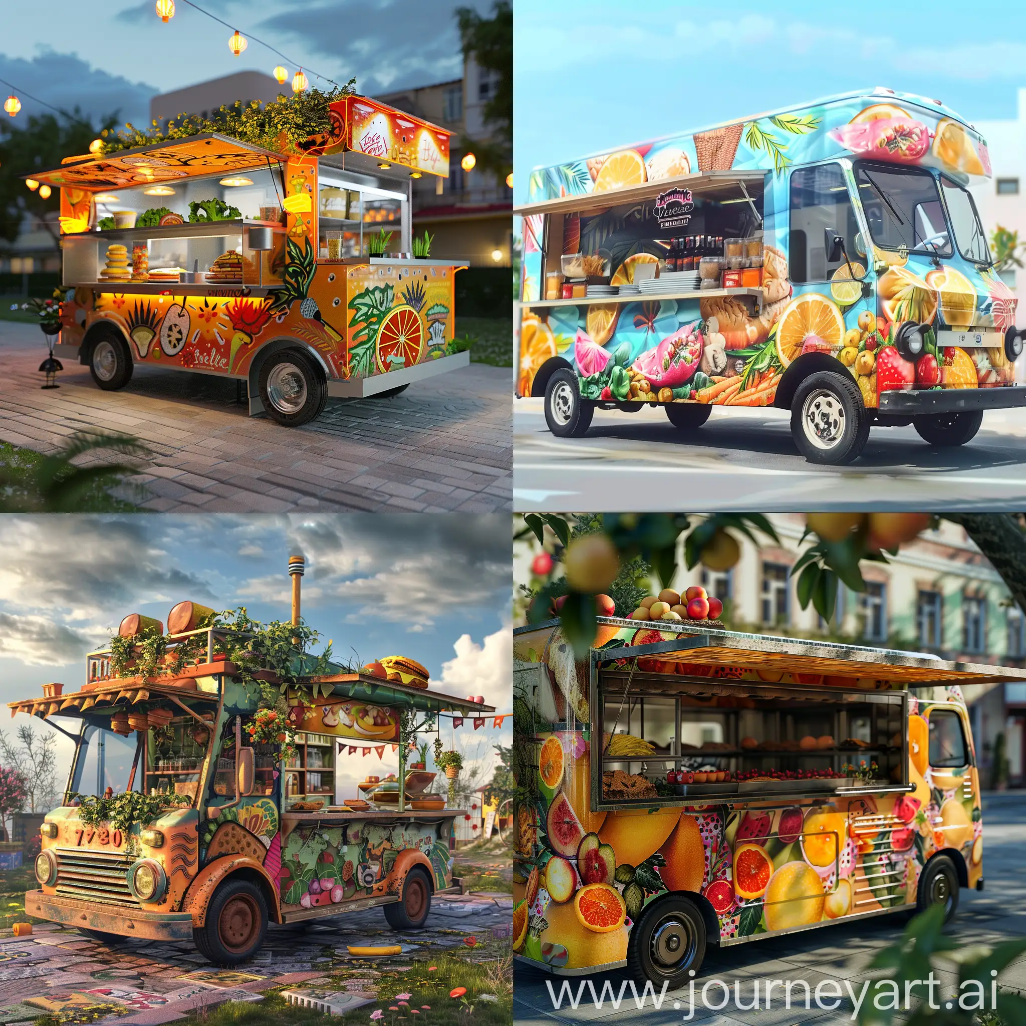 a beautifully painted food truck with food, realistic, 4к