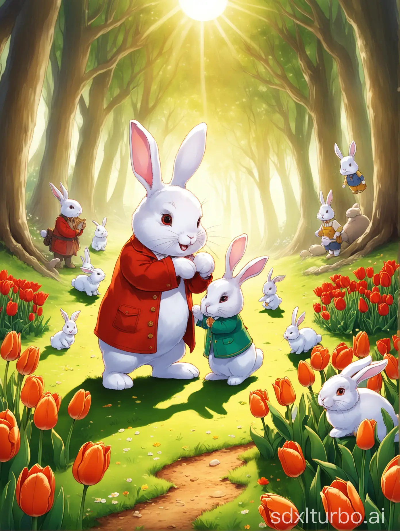 Background: Morning forest, sunlight shines through the gaps of leaves on the ground, forming dappled shadows. In the distance, consecutive hills and winding creeks are faintly visible. Character: Big rabbit and small rabbit stand in the center of the picture, facing the audience. The big rabbit is wearing a red coat and a green hat, with a cheerful smile on its face. The little rabbit wears light-colored clothes, closely attached to the body of the big rabbit, with curiosity and expectation in its eyes. Actions and expressions: The big rabbit bends down, gently stroking the small rabbit's head, as if telling it today's exploration plan. The small rabbit lifts his head to look at the big rabbit, with excitement on its face. Details: At the feet of the big rabbit and the small rabbit, a few open tulips can be painted as embellishment for the background story. Story text: In the beautiful forest, there is a happy family - that's the family of the big rabbit and the small rabbit. Today, the sun shines particularly brightly, and the big rabbit decides to take its little treasure to explore the meadow, feeling the charm of nature.