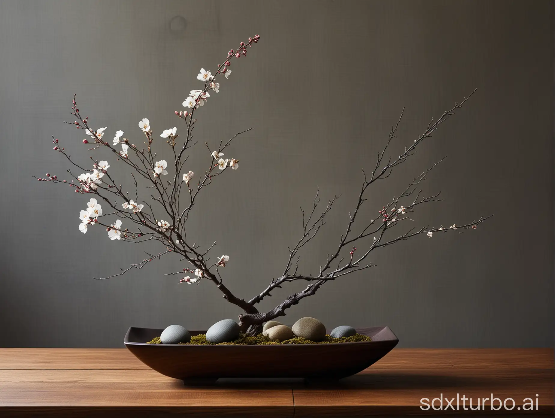 Craft an Ikebana-inspired flower arrangement on a dark wood table, using season-specific blooms and branches to evoke the serene discipline of Japanese aesthetics. Balance asymmetry and harmony in a minimalist setting, highlighting nature's transient beauty and the contemplative interplay of shadow and light.