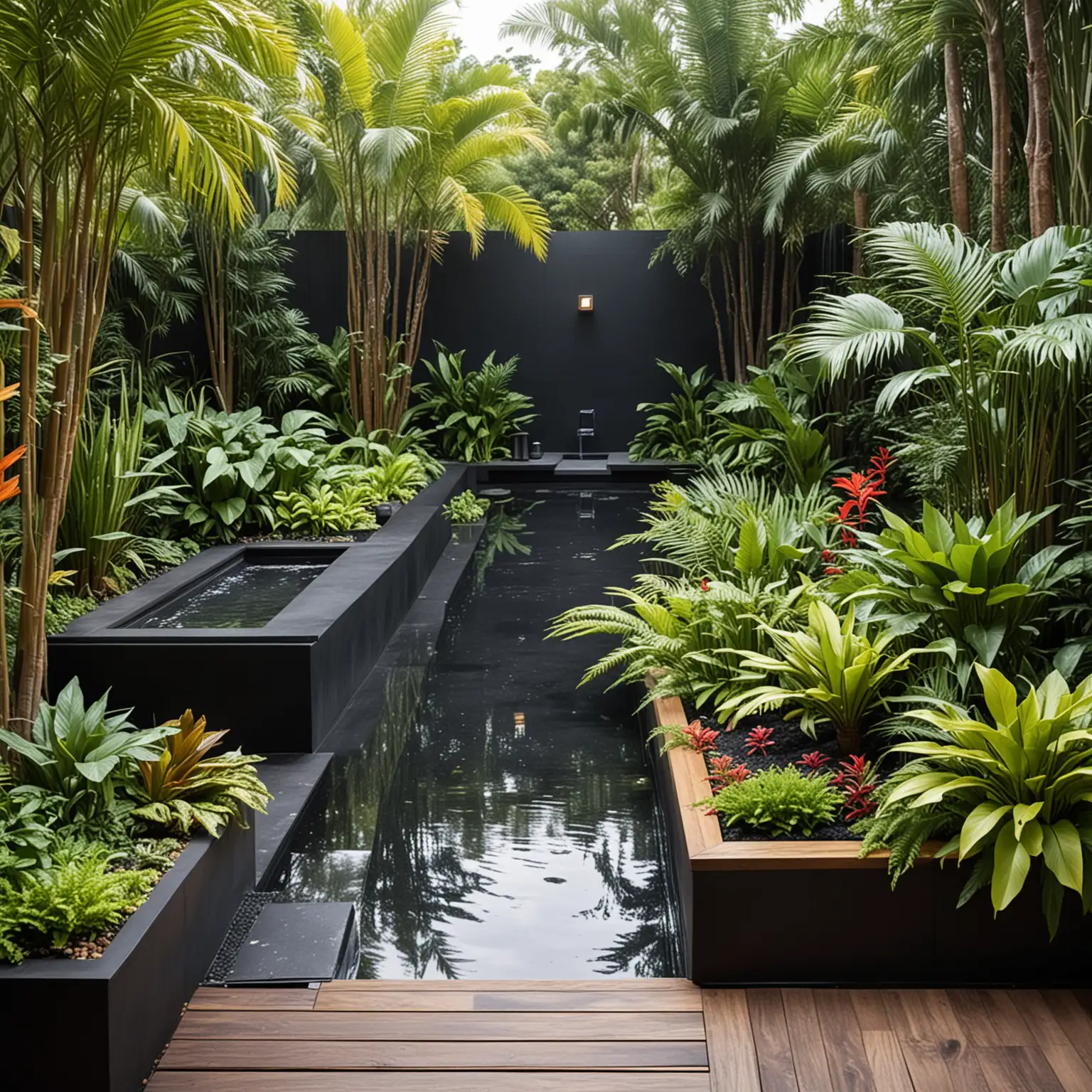 a wide shot of amodern garden with a central wooden deck surrounded by raised planters filled with tropical plants like palms, birds-of-paradise, and ferns. Include a sleek, linear water feature made of black granite and a modern metal gate at the entrance. The garden also features a container house with a rooftop terrace, providing a vantage point to enjoy the lush garden below. Set this scene on a bright, sunny afternoon, with the vibrant colors of the plants and the reflective surfaces of the water feature creating a striking visual contrast, enhanced by strategically placed lighting.

