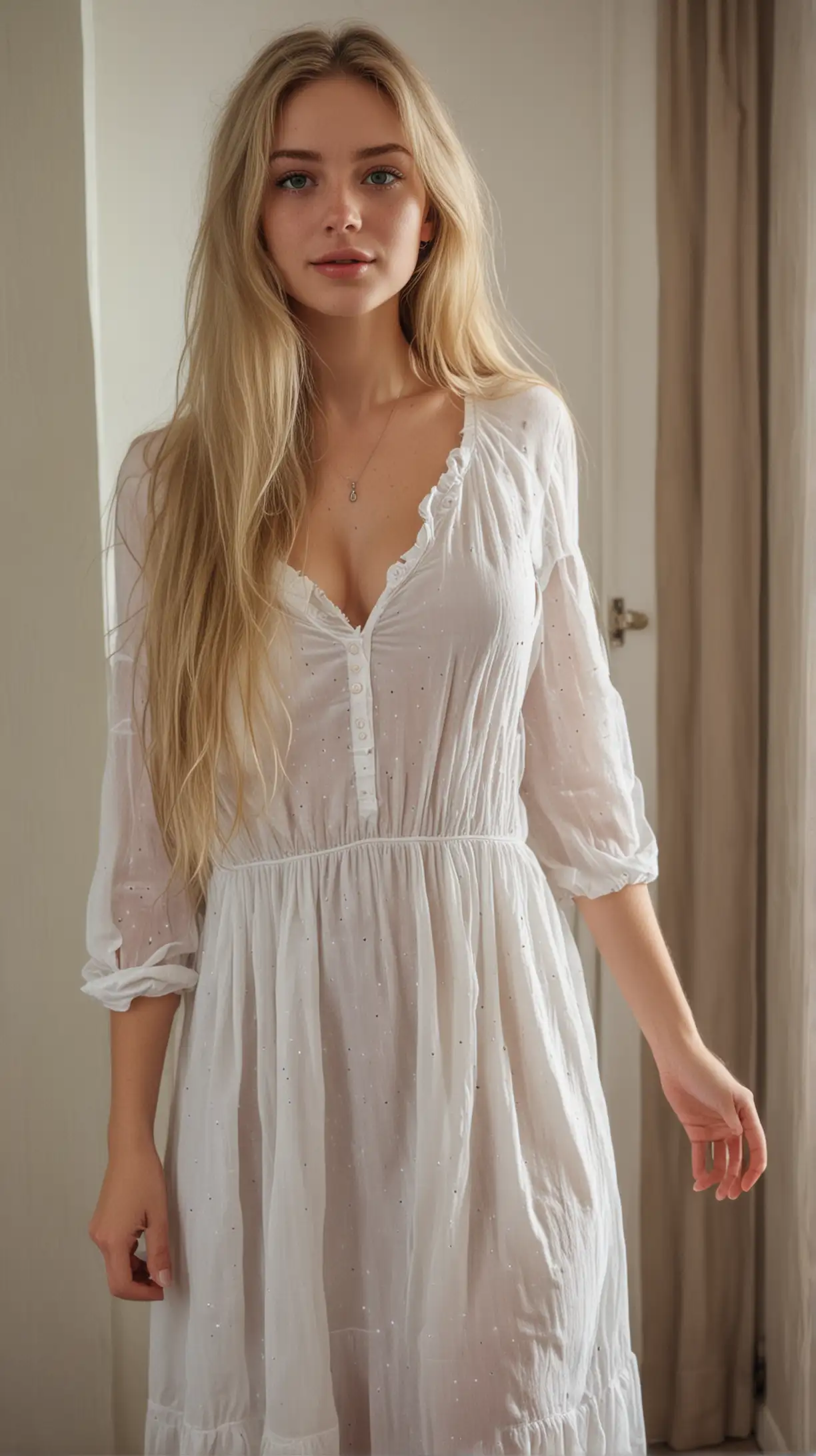 Elegant Blonde Woman in White Dress with Pendant Necklace