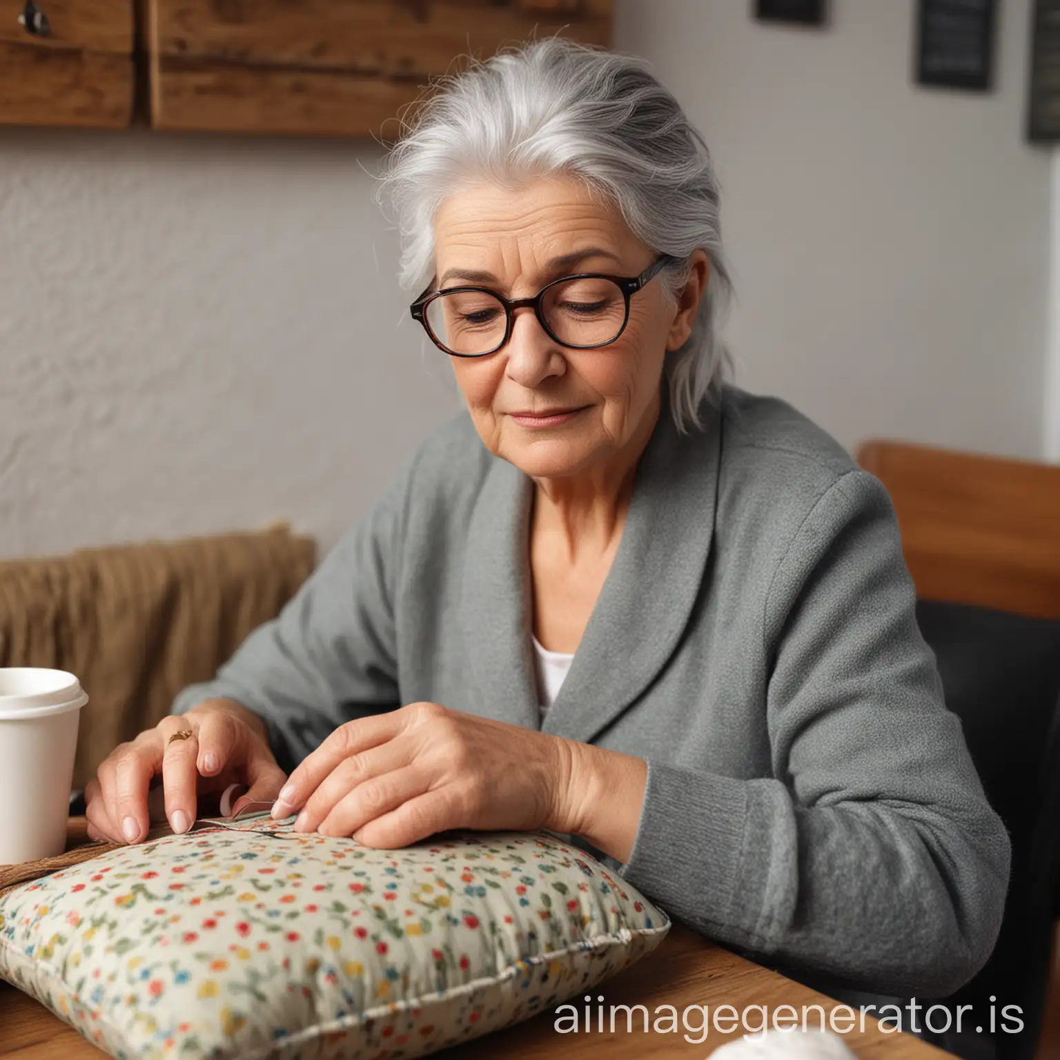 A elderly woman (grey haired with glasses), who at a table in a small cozy coffee shop sits, is sewing on a cushion.