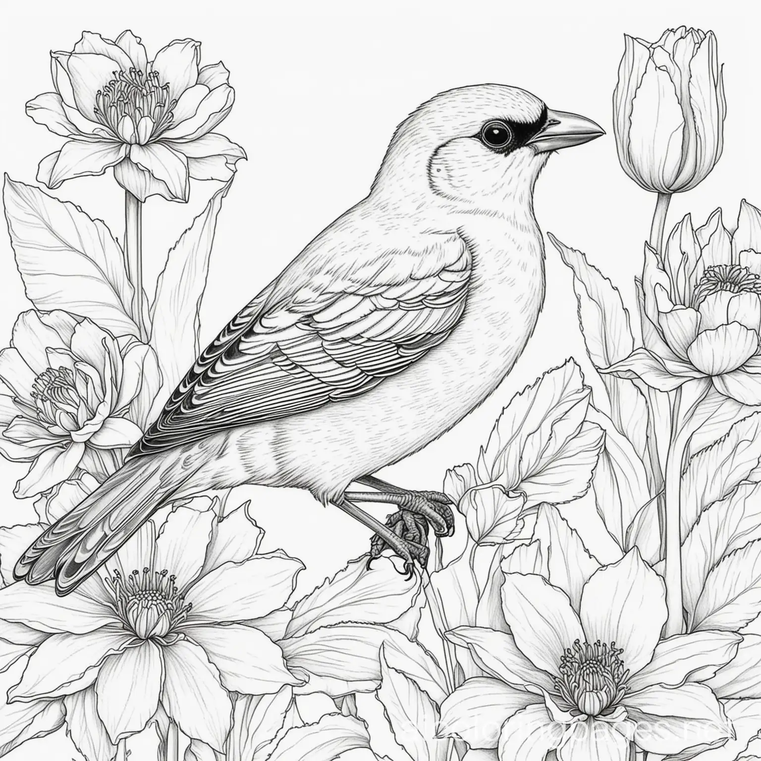 Paradise Tanager with tulips and dahlia 
flowers
, Coloring Page, black and white, line art, white background, Simplicity, Ample White Space. The background of the coloring page is plain white to make it easy for young children to color within the lines. The outlines of all the subjects are easy to distinguish, making it simple for kids to color without too much difficulty