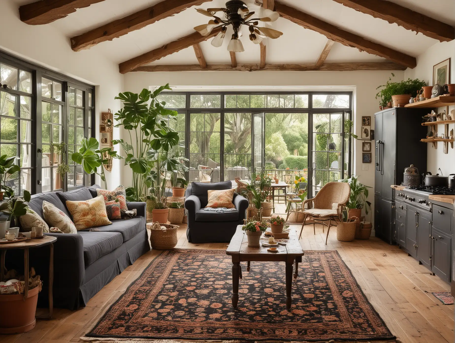 Vintage Sitting Room with Kitchen and frontyard Views in a Large Space: Create a vintage-inspired sitting room in a large and spacious setting, with views into a dining area Use wooden furniture and rustic decor items like vintage cameras and antique rugs. The kitchen should have black cabinets and appliances, while the frontyard should feature potted flowers and a thatched roof. Add house plants like monstera indoors.