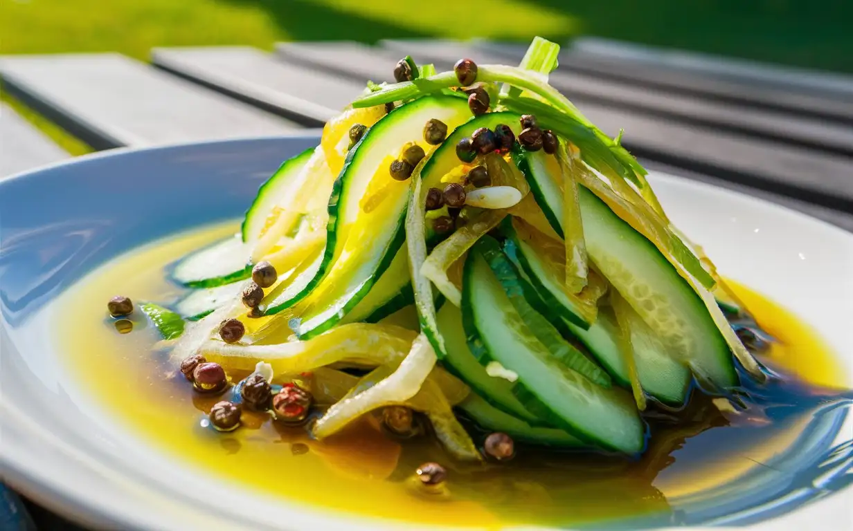 A plate of refreshing cucumber salad ，.generously sprinkled with fresh Sichuan peppercorns and green onions， light and smooth oil texture，on a picnic table in the summer outdoors, photographed in a natural style, with bright daylight, a low-angle shot, and a fresh composition, showcasing the coolness of summer and the crispness of the cucumber