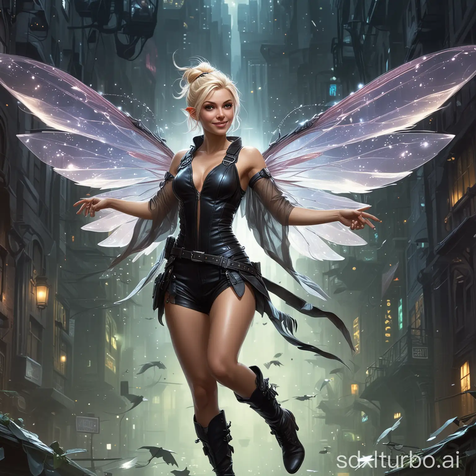Create an image about "A Shadowrun legend". Show a bold, small, flying pixie. The pixie flies with big, sparkling, translucent fey-wings. She wears a jumpsuit, poses like on a blockbuster-poster and grins wide.
