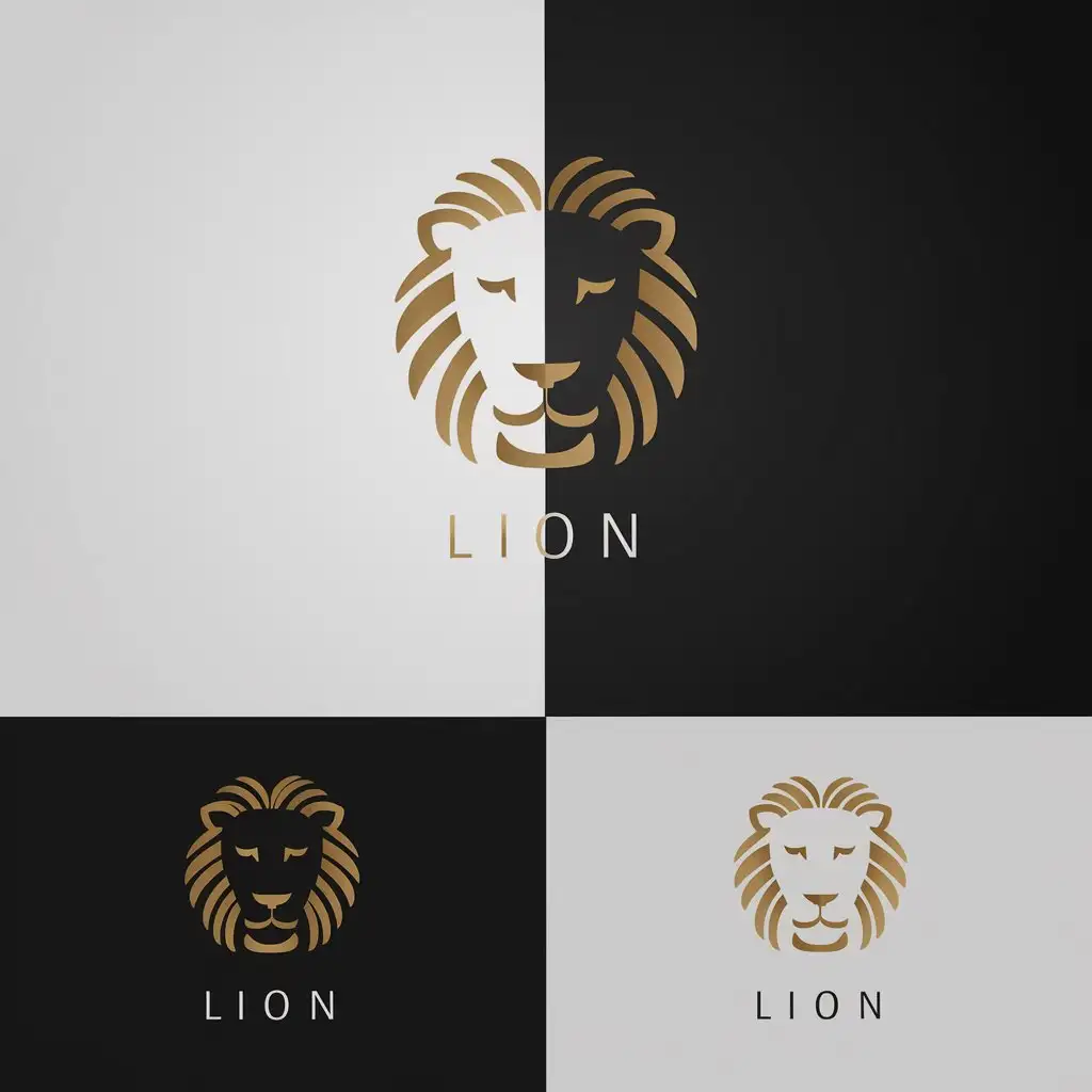 a logo design,with the text "lion", main symbol:The logo should be designed in vector format and feature a hyper-minimalistic design of the front of a lion's face, representing wealth, sophistication, and class. The design should be simple yet impactful, utilizing a gold color scheme. The logo must also incorporate the name 'Lion' and be provided in two versions: one for dark backgrounds and one for light backgrounds.,Moderate,clear background