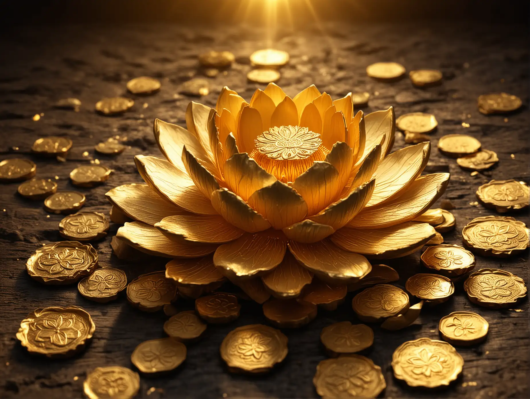 Golden-Lotus-Emitting-Golden-Light-with-Gold-Coins