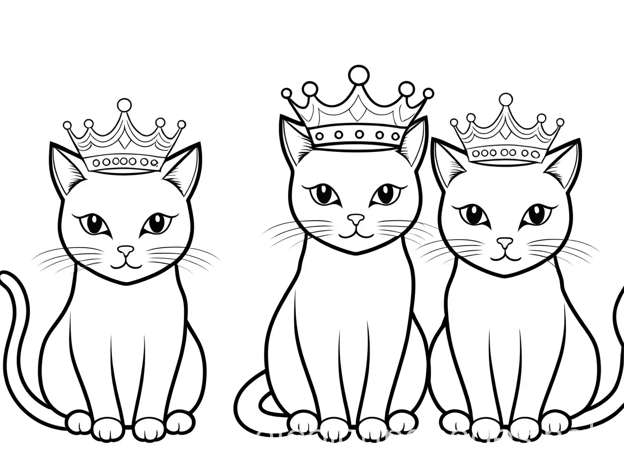 3 cats with crowns, Coloring Page, black and white, line art, white background, Simplicity, Ample White Space