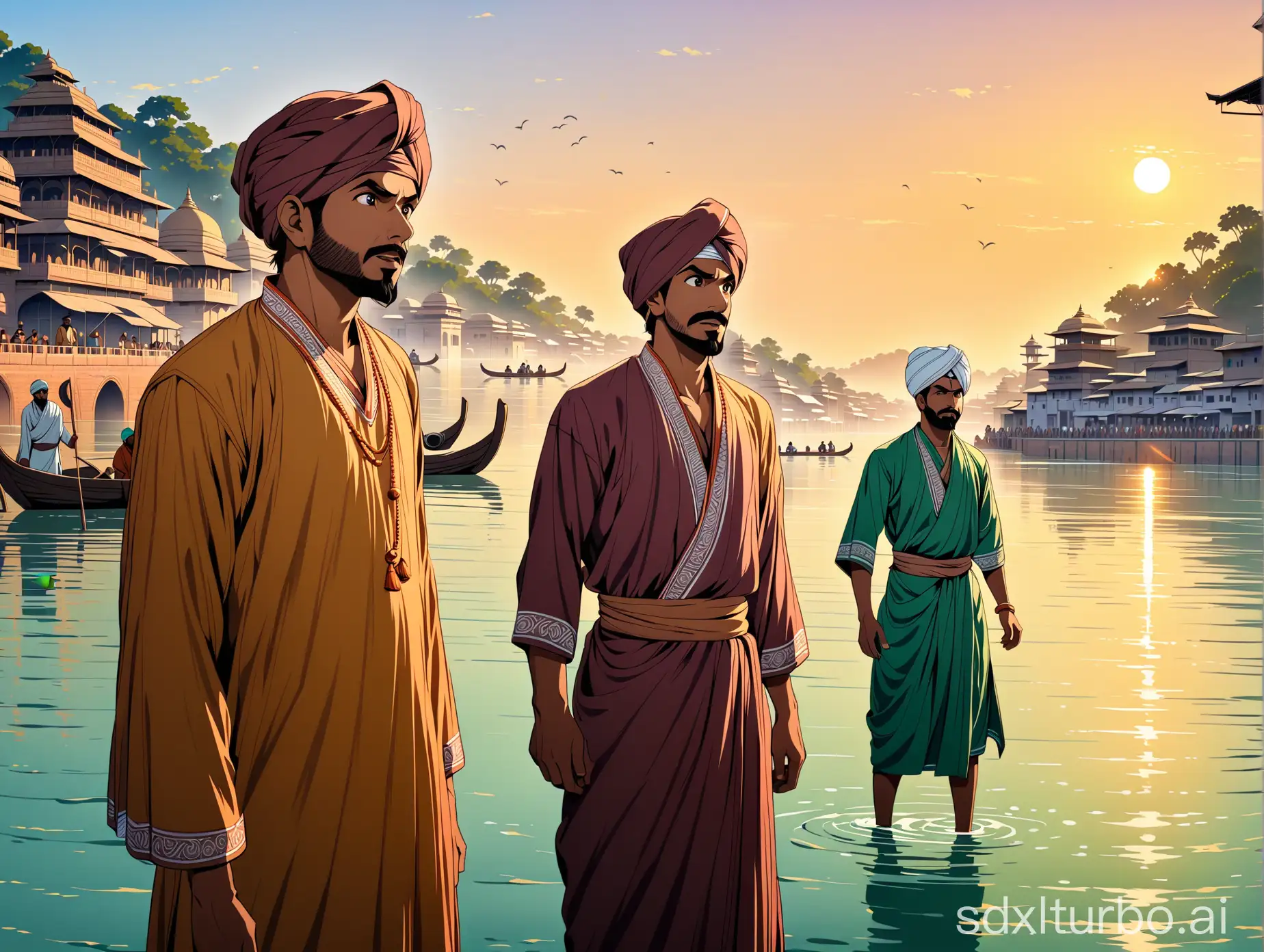 Anime style, multiple Indian men wearing headscarves standing on the Ganges, dressed in clothes, looking very surprised,looking_at_viewer,(masterpiece:1.2),best quality,masterpiece,highres,original,extremely detailed wallpaper,perfect lighting,(extremely detailed CG:1.2),