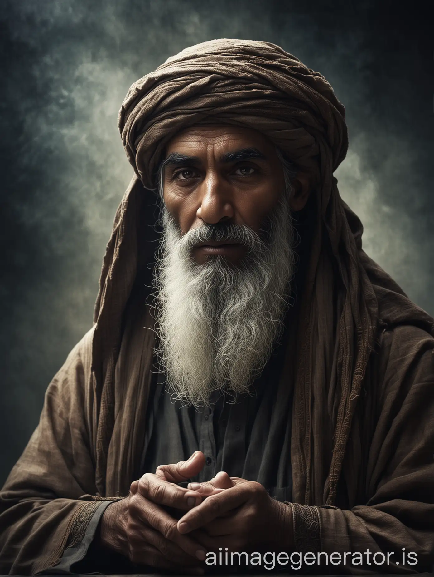 Create an image that portrays the mysterious stranger who offers invaluable advice to Salahuddin Ayyubi, emphasizing the enigmatic aura surrounding the encounter and the sense of wisdom and guidance emanating from the stranger.
