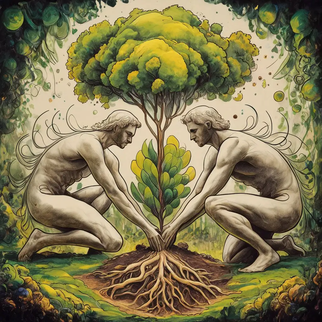 adam & eve planting tree abstract  sketch 