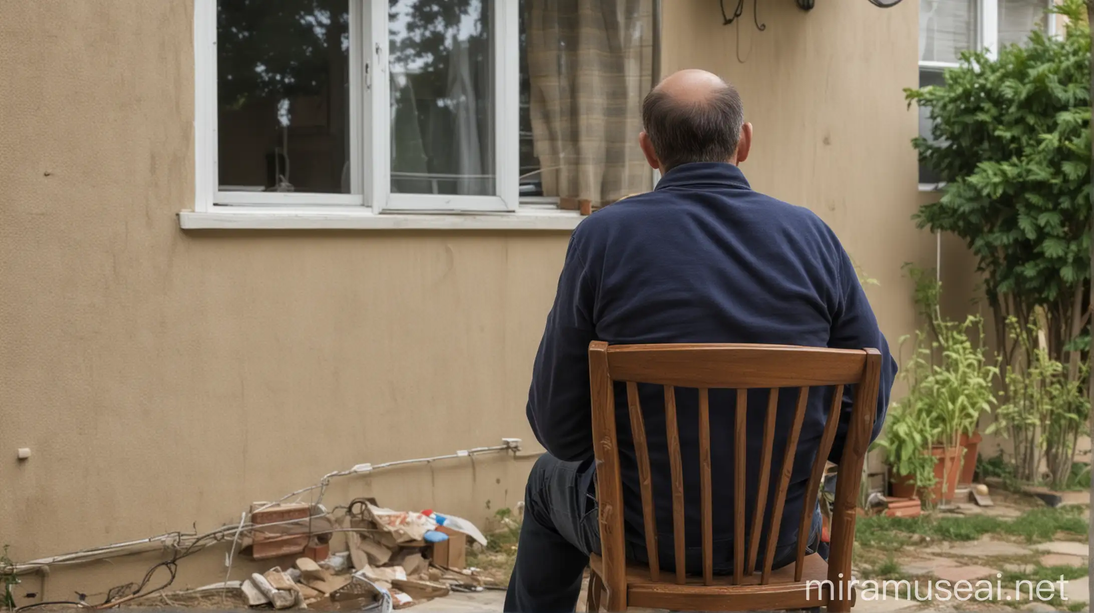 A 46 year old man sitting on a chair, in front of a house, shot from behind, long shot